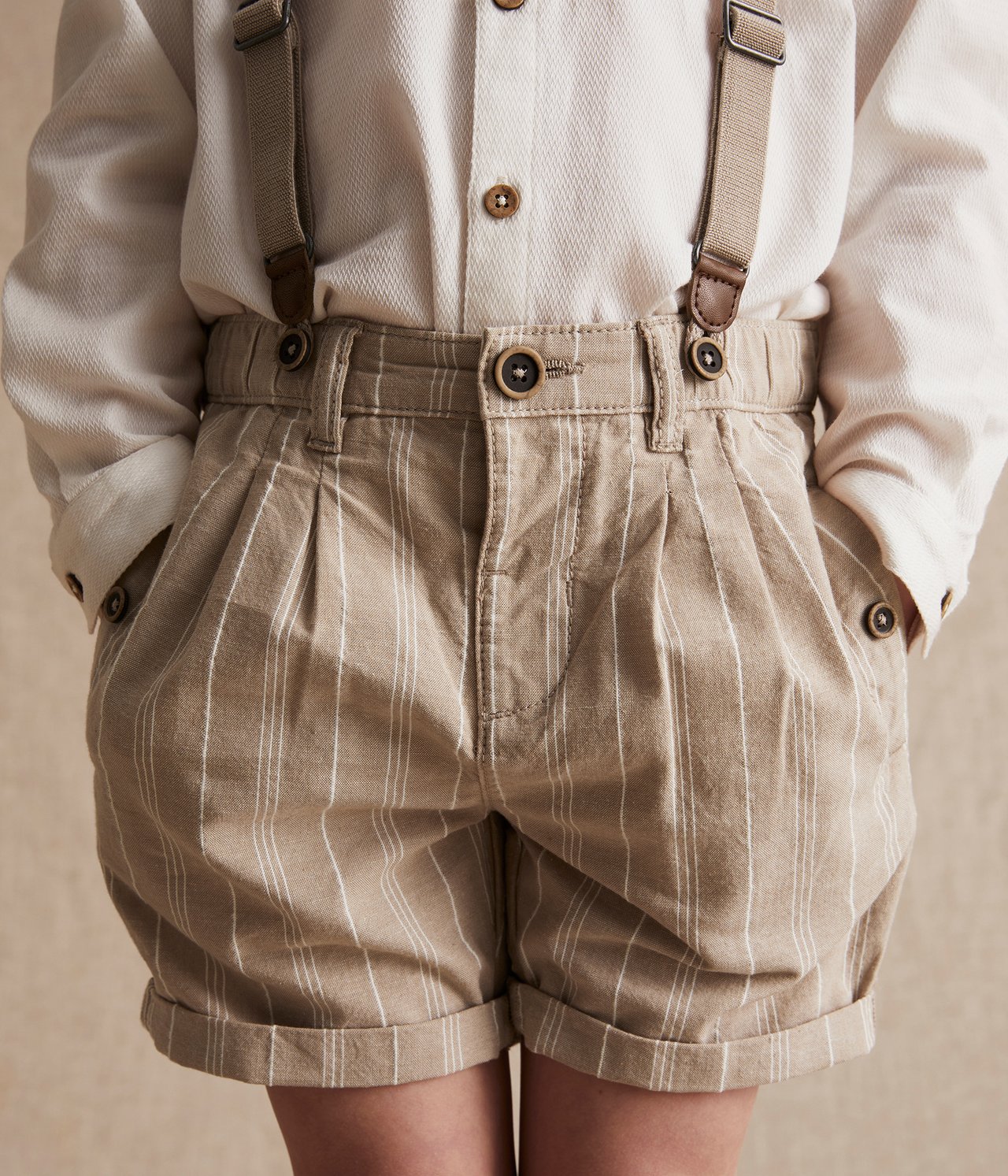 Pinstriped suspender shorts - Beige - 2