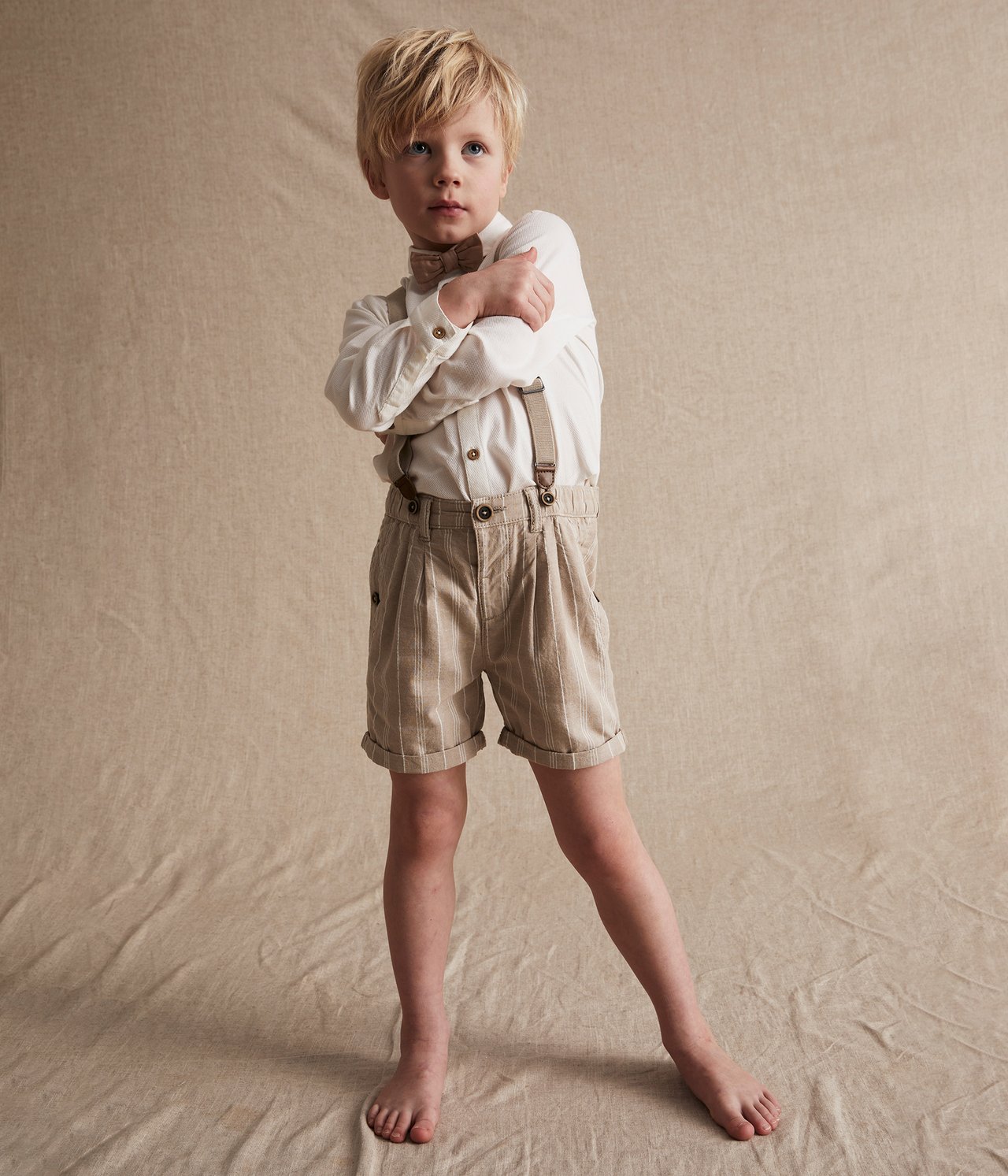 Pinstriped suspender shorts - Beige - 3