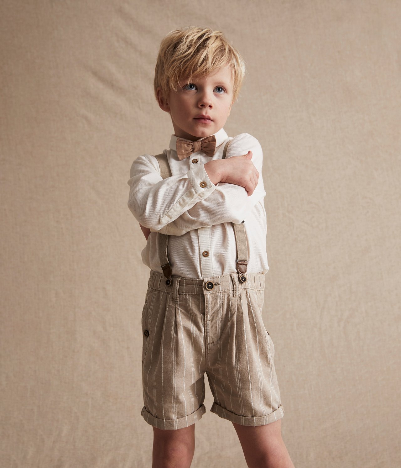 Pinstriped suspender shorts - Beige - 4