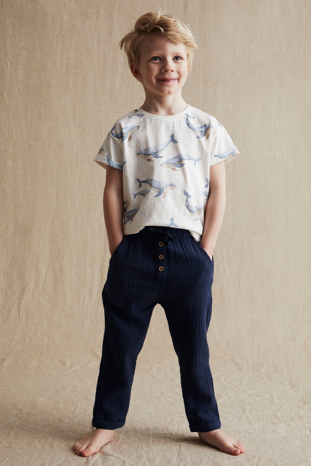 Cotton muslin joggers - Dark blue - 1