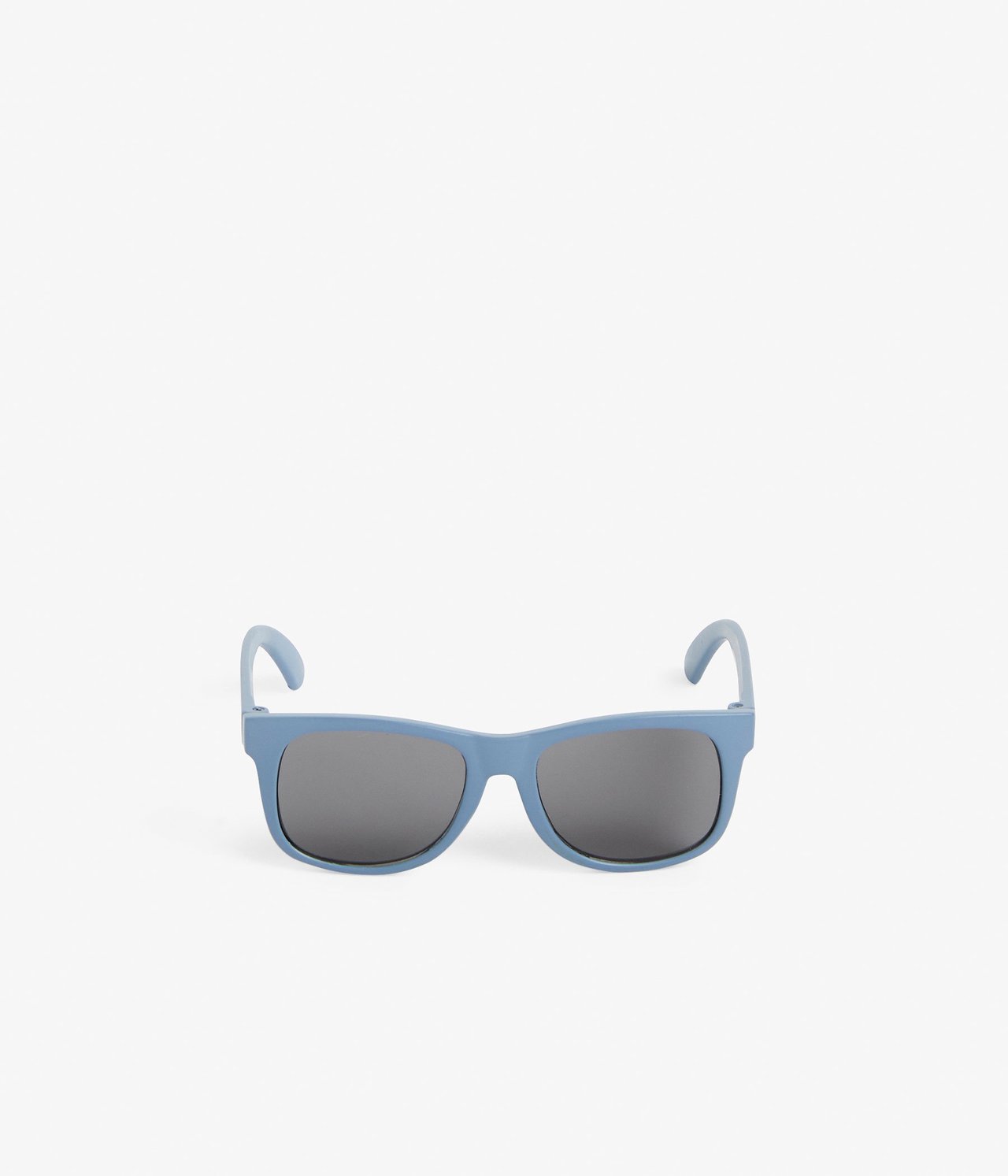Vorderansicht einer blauen Baby-Sonnenbrille aus Kunststoff mit dunklen Gläsern.
