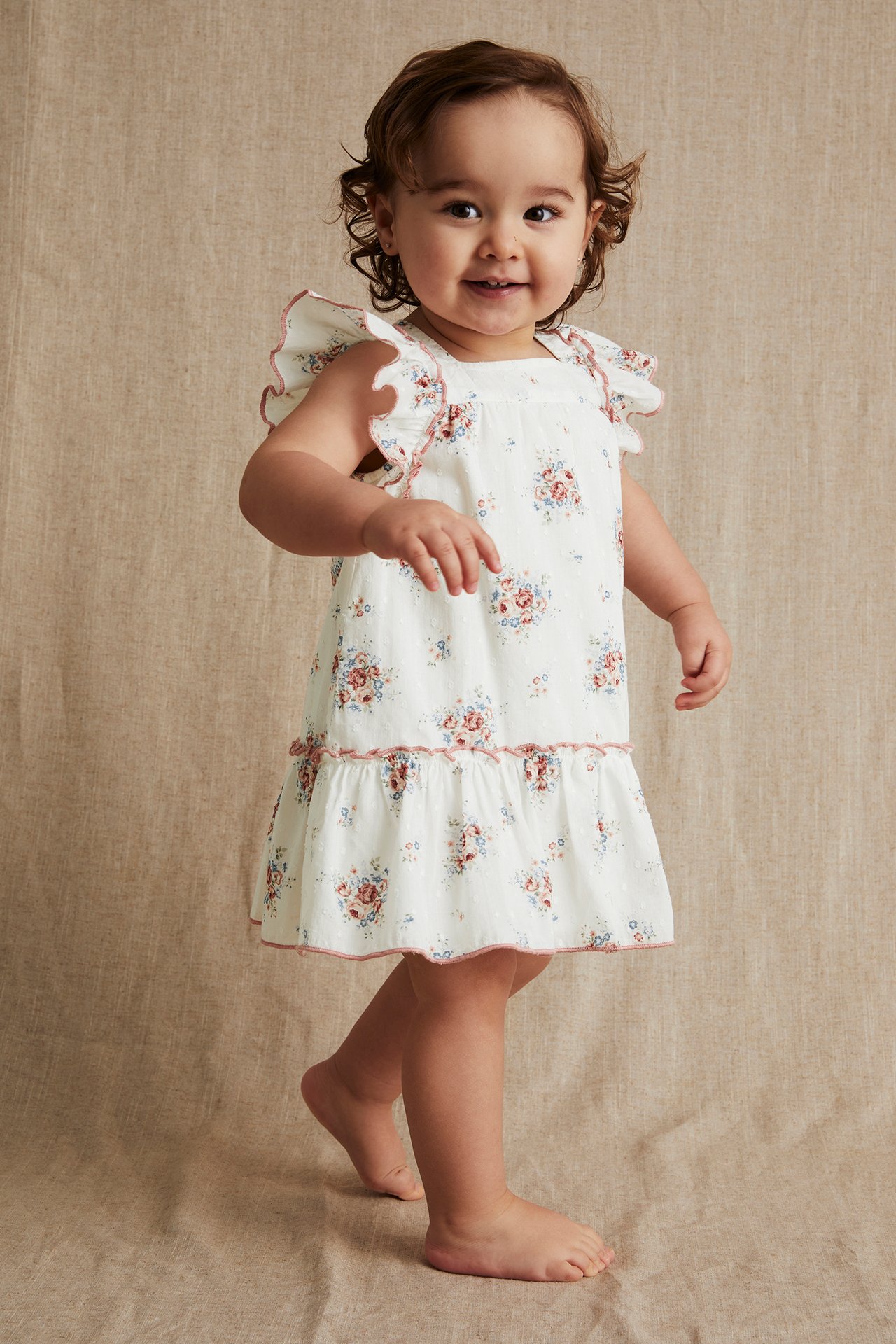 Floral contrast stitch dress - Off-white - 1