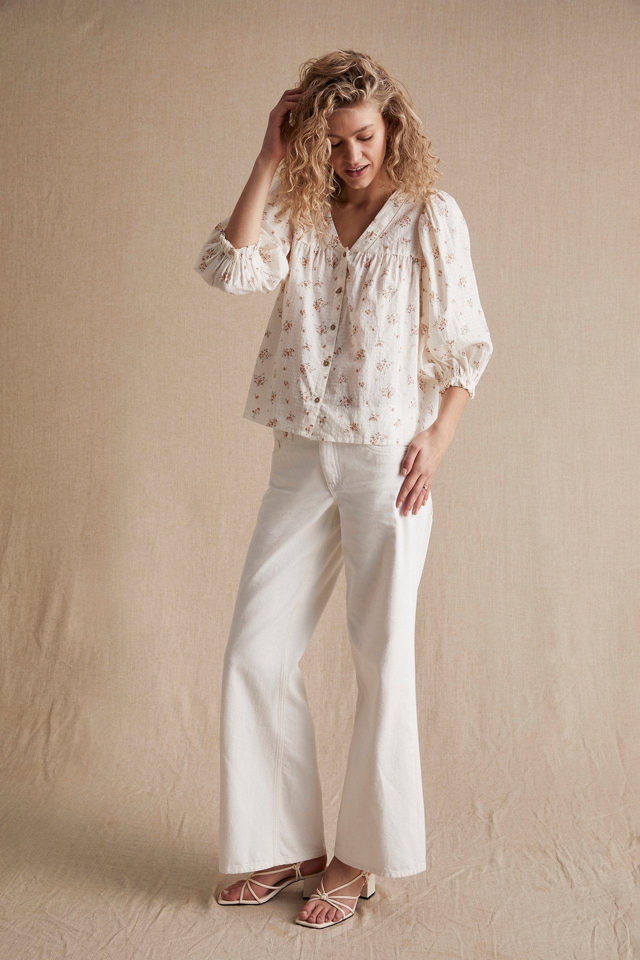 Bluse mit Blumenmuster und Dreiviertelärmeln für Damen - Naturweiß - 181 cm/Größe S - 2