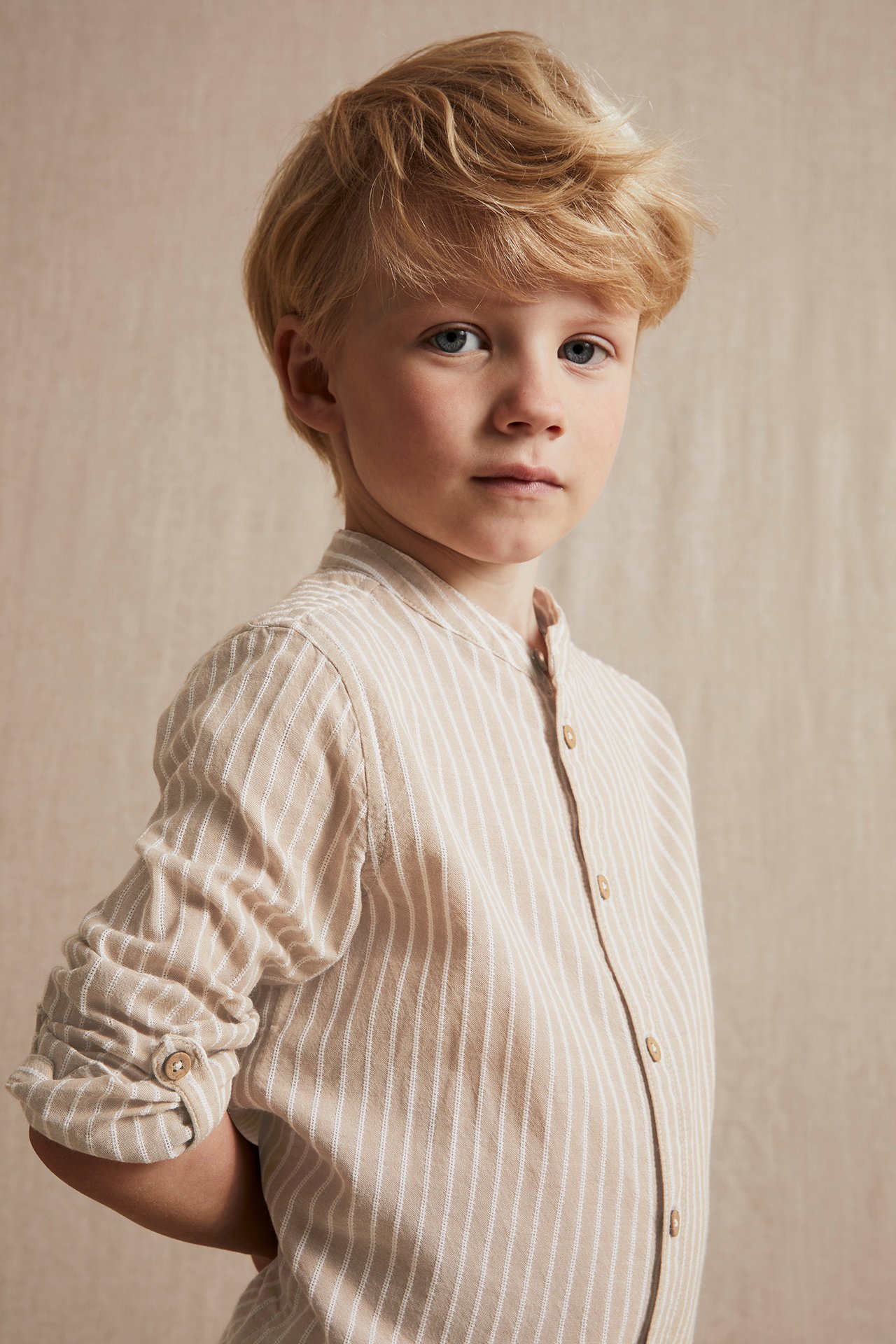 Striped mason collar shirt - Beige - 1