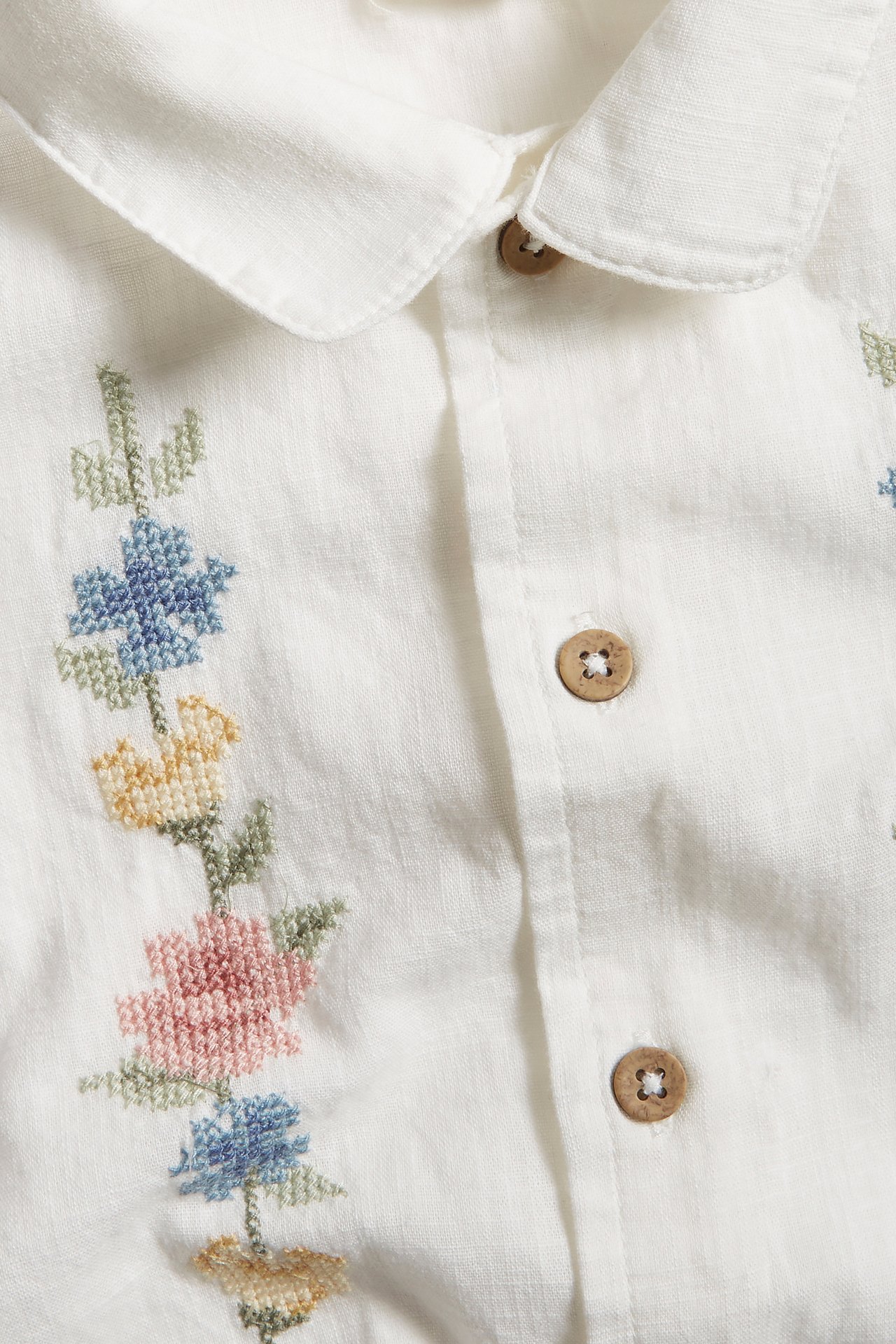 Cross-stitch floral embroidery short-sleeved shirt - Off-white - 6