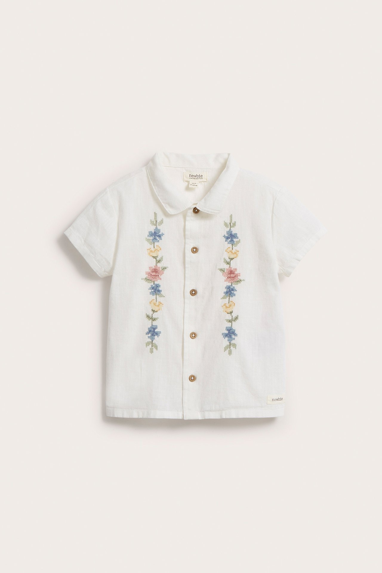 Cross-stitch floral embroidery short-sleeved shirt - Off-white - 2