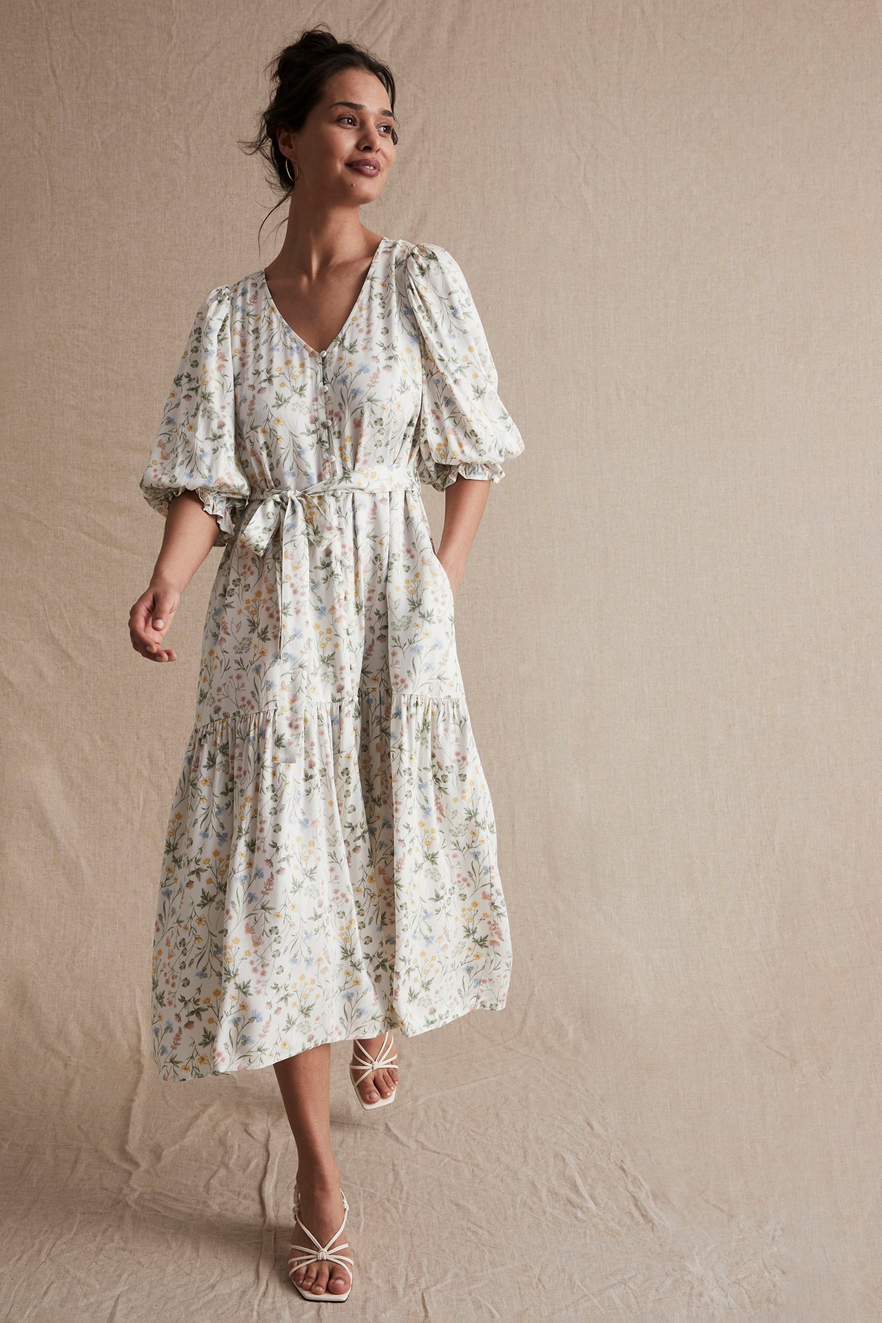 Midikleid mit Wiesenblumenmuster für Damen - Naturweiß - 181 cm/Größe S - 5