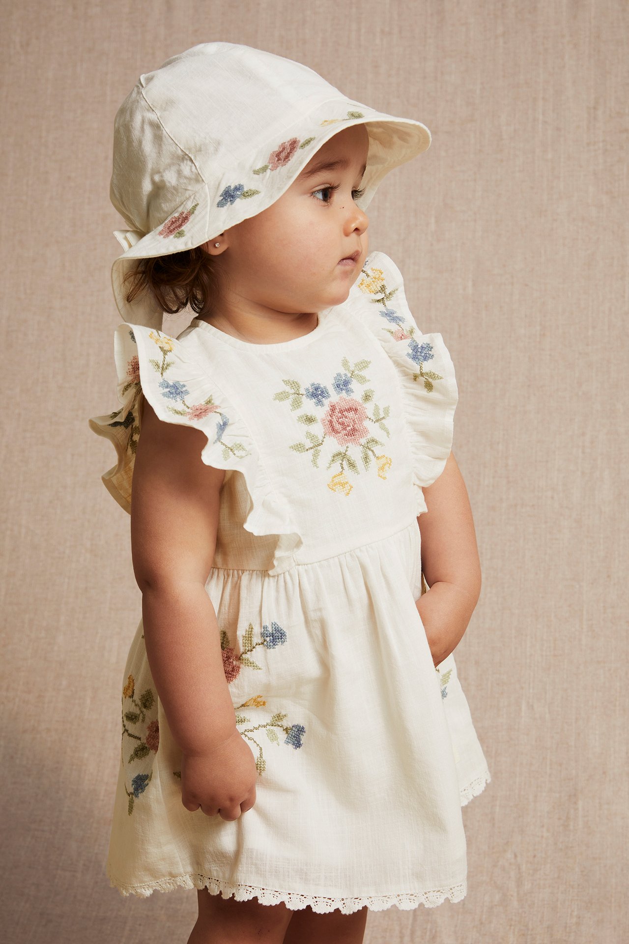 Cross-stitch floral embroidery dress - Off-white - 1