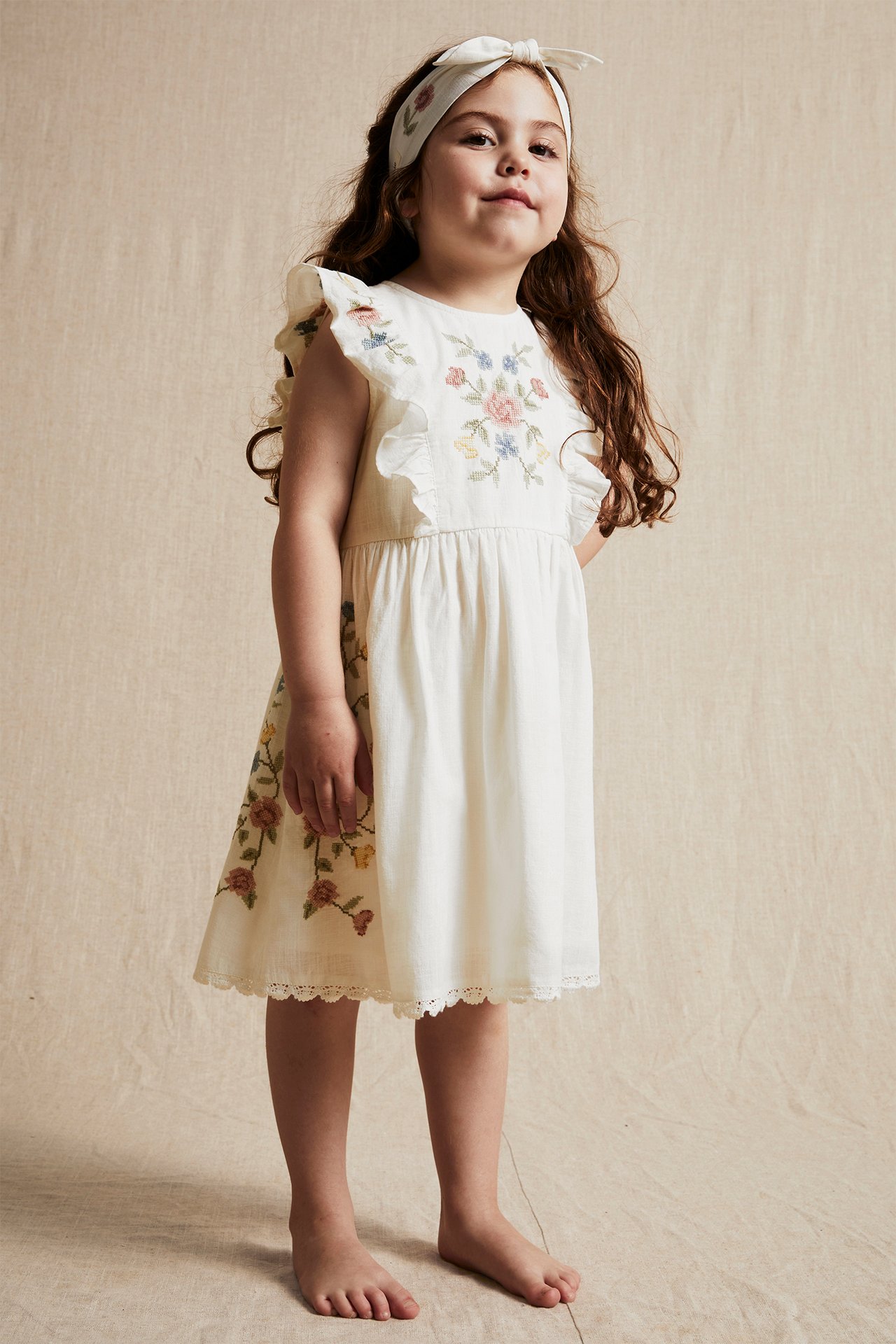 Cross-stitch floral embroidery dress - Off-white - 3