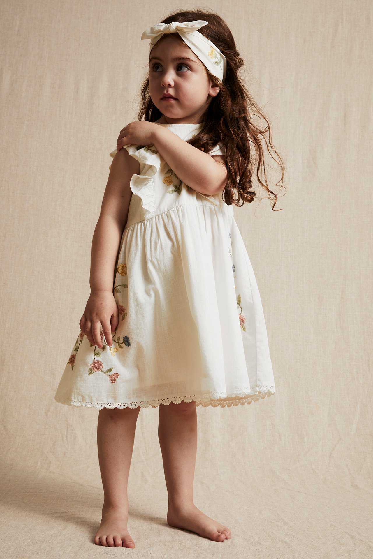 Cross-stitch floral embroidery dress - Off-white - 2