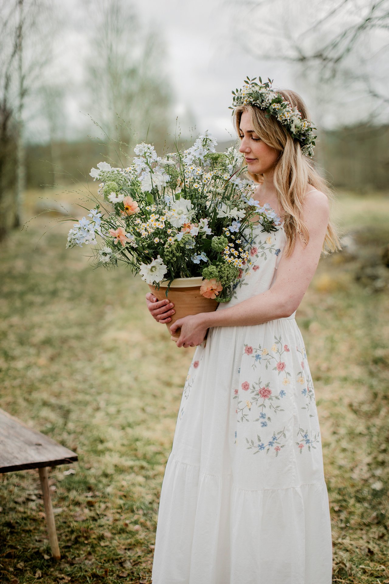 Kleid mit Kreuzstich-Blumenmuster für Damen - Naturweiß - 1