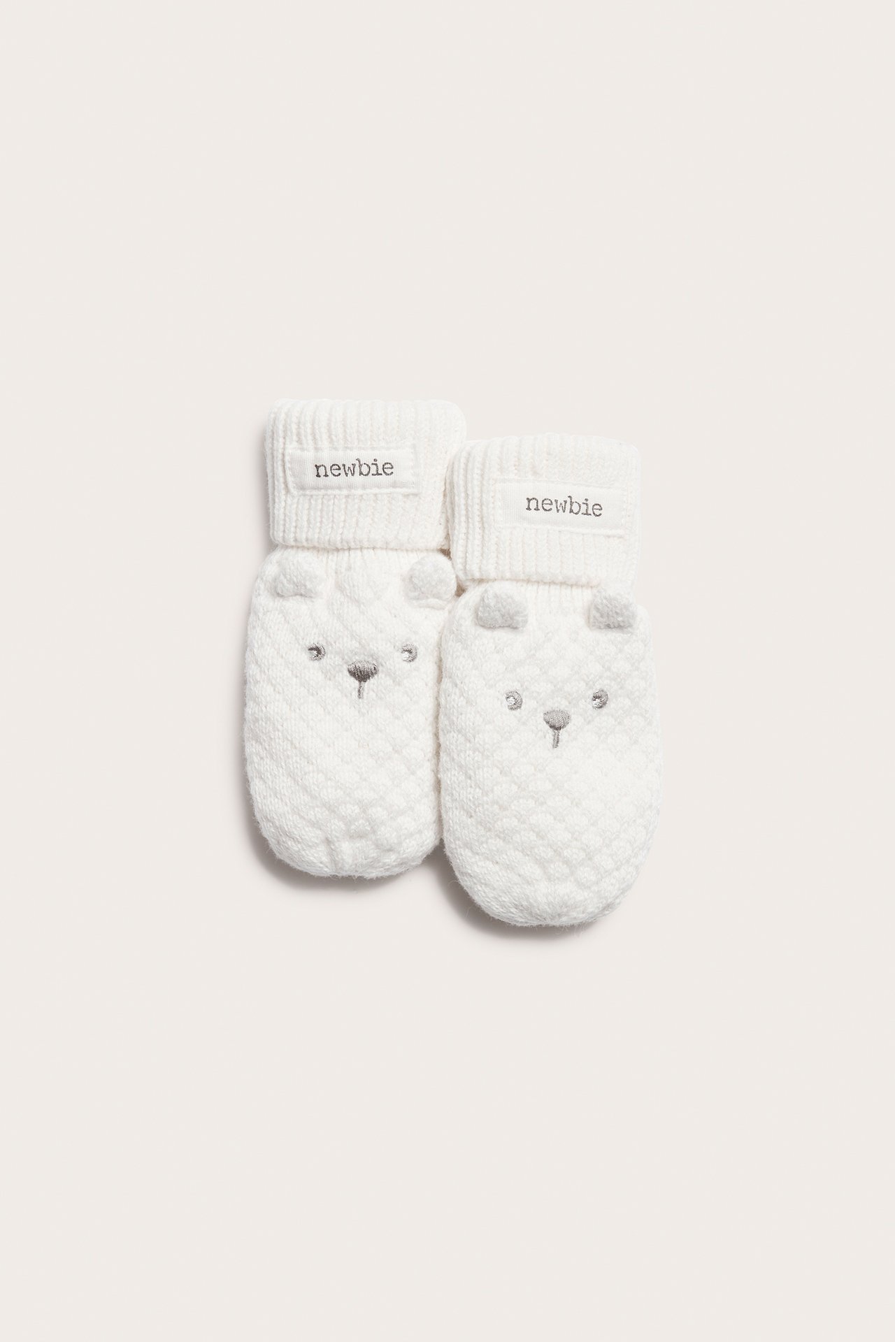 Knitted thumbless bear-face mittens - Off-white - 2