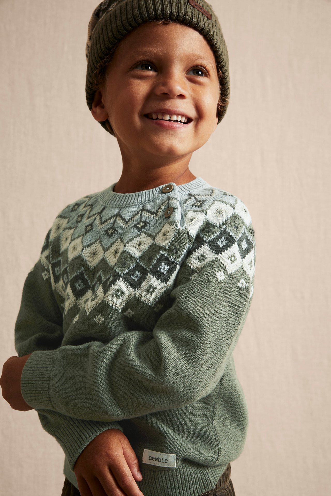Pullover mit Jacquardmuster an der Passe - Khakigrün - 1