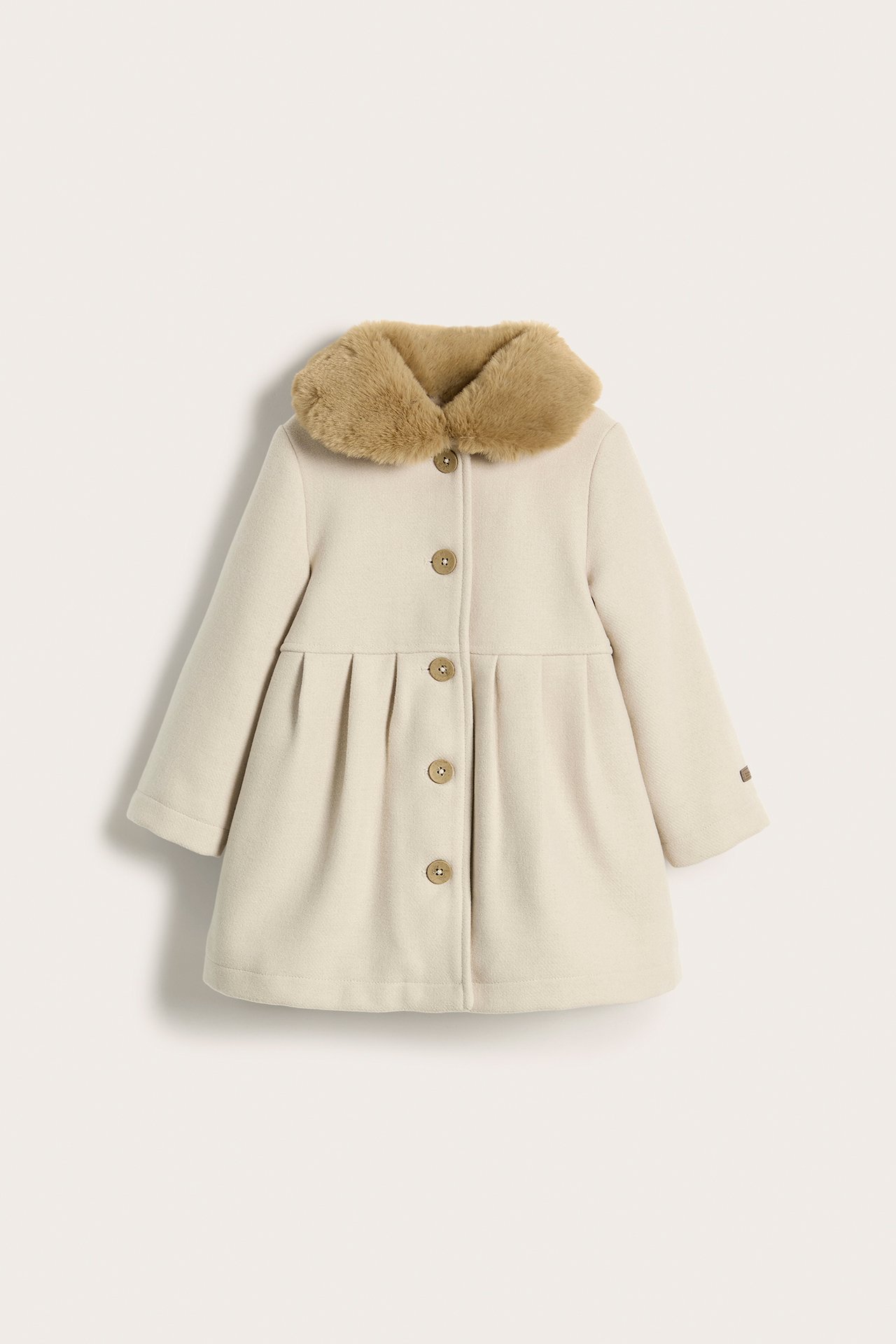 Front view: Kid's beige woven coat with brown faux fur collar and four light brown buttons.