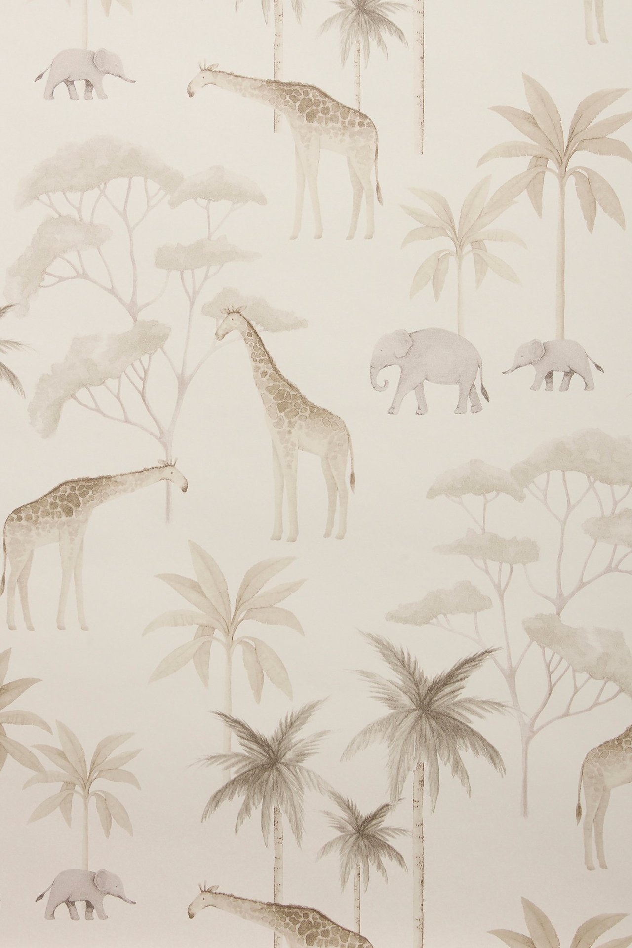 Full view of beige Savannah animal print wallpaper with giraffes, elephants, and trees on a light background.