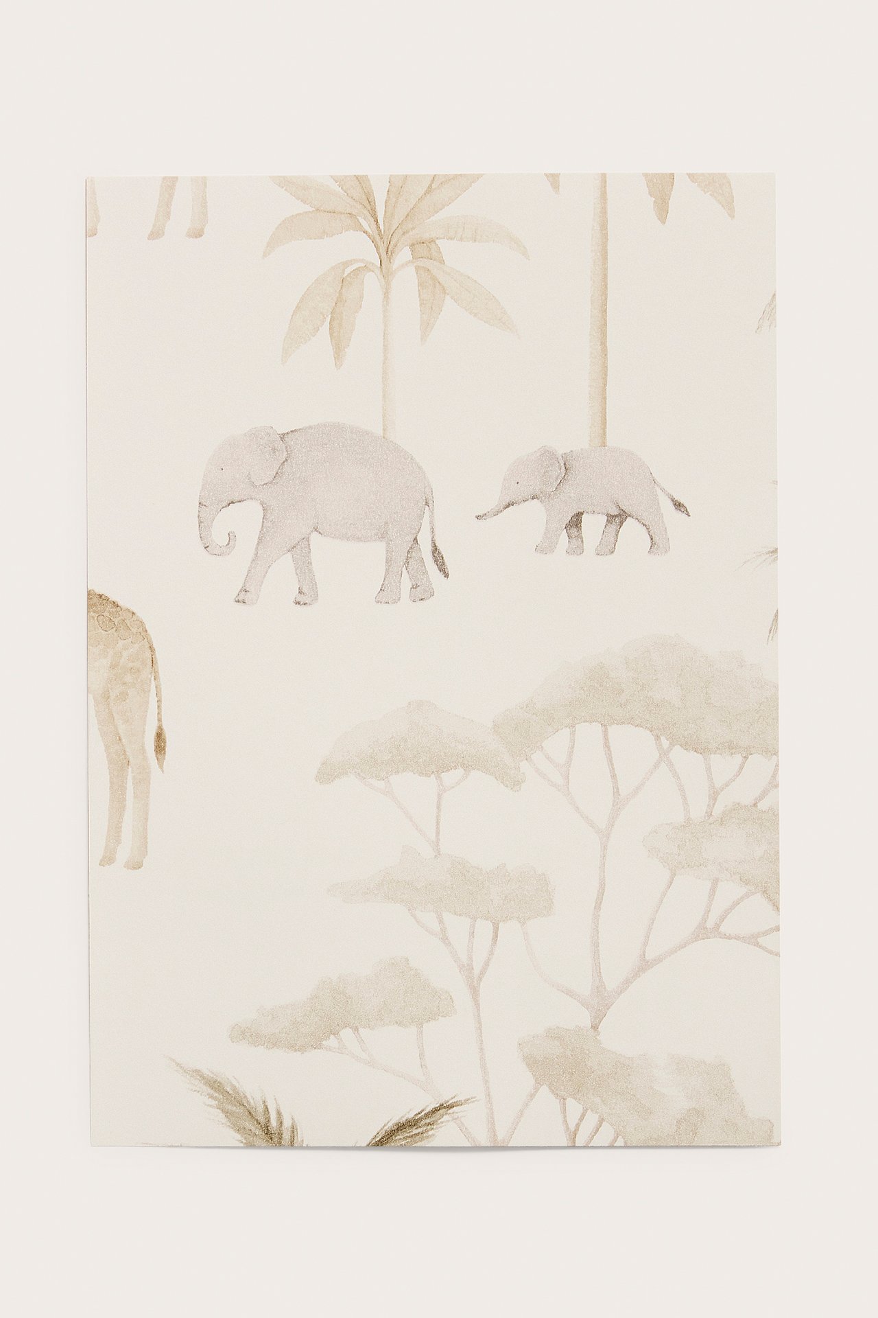 Front view of a beige non-woven wallpaper sample with a savannah animal pattern, featuring elephants and trees.