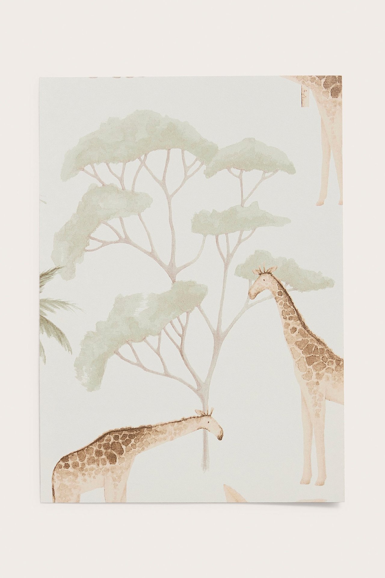 Vorderansicht einer weißen Vliestapetenprobe mit einem Savannentier-Muster, das Giraffen und Bäume zeigt.