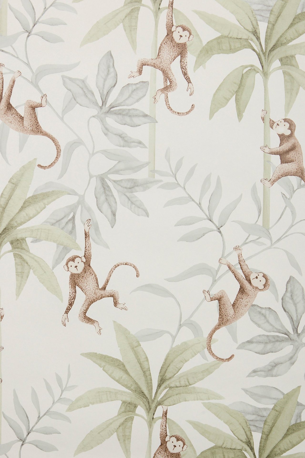 Front view of white paper wallpaper with a pattern of light green leaves and brown monkeys.