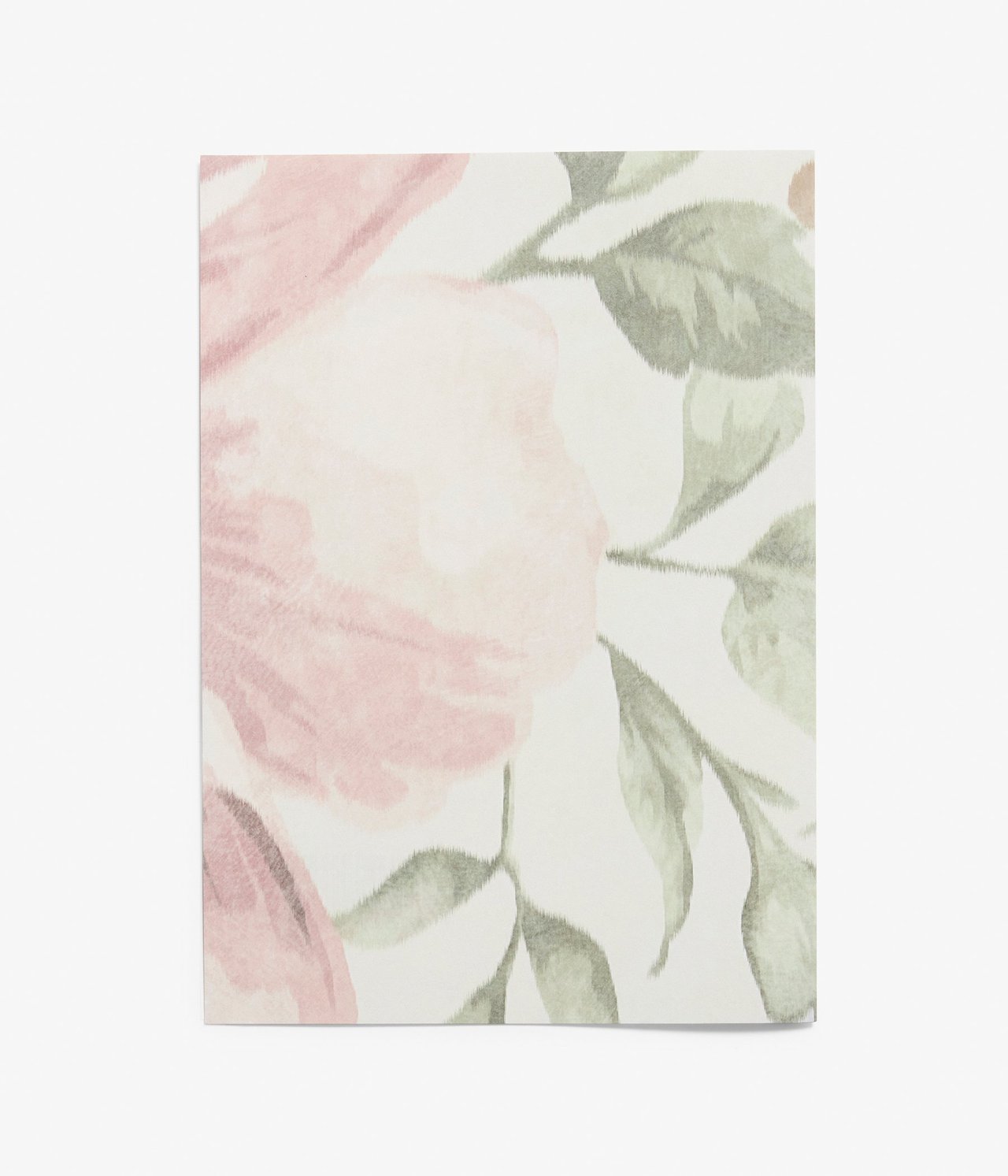 Nahaufnahme von einem rechteckigen beigen Papiertapetmuster mit rosa Blumenmuster.