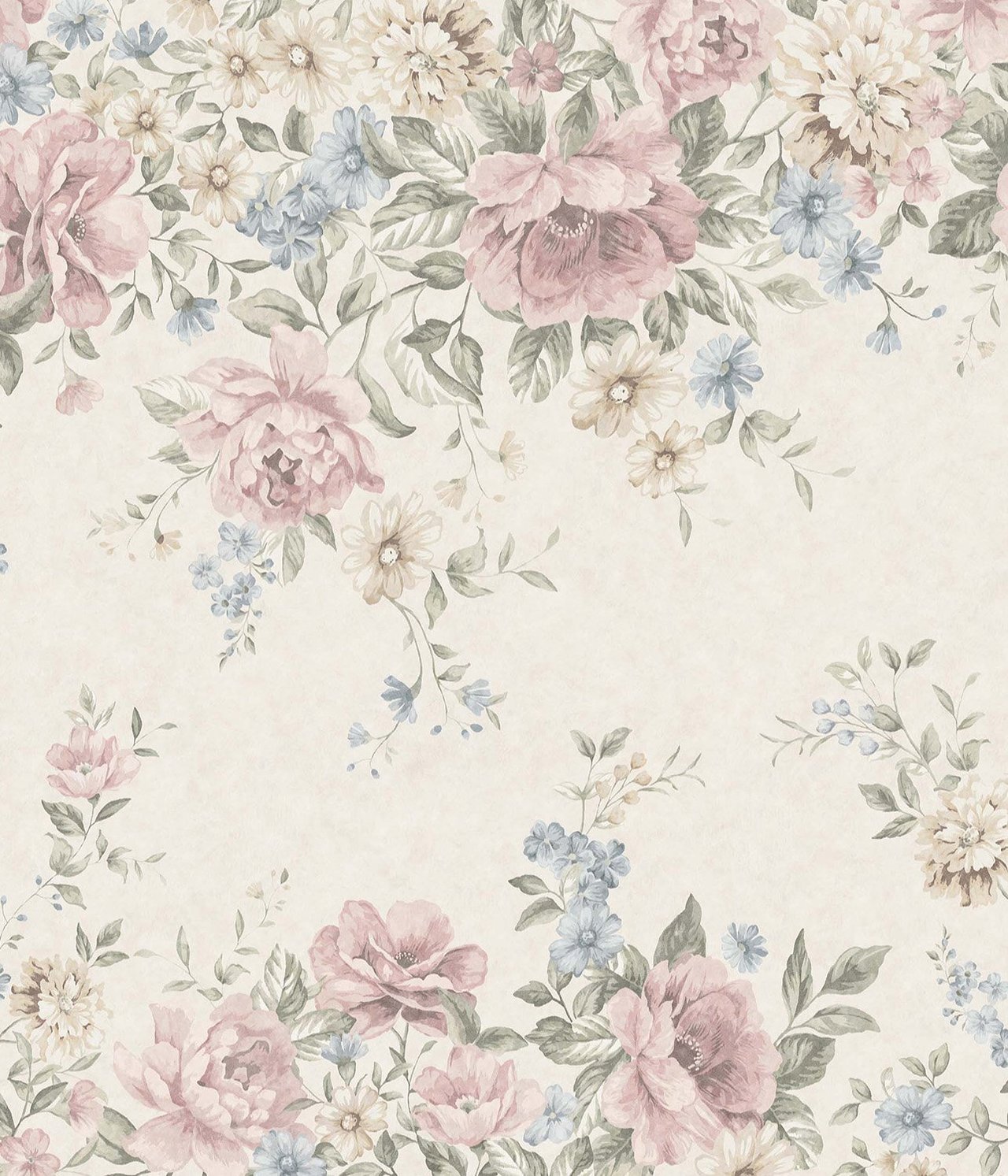 Vorderansicht einer beigen Tapetenwand mit Blumenmuster aus rosa, blauen und gelben Blüten und grünen Blättern.