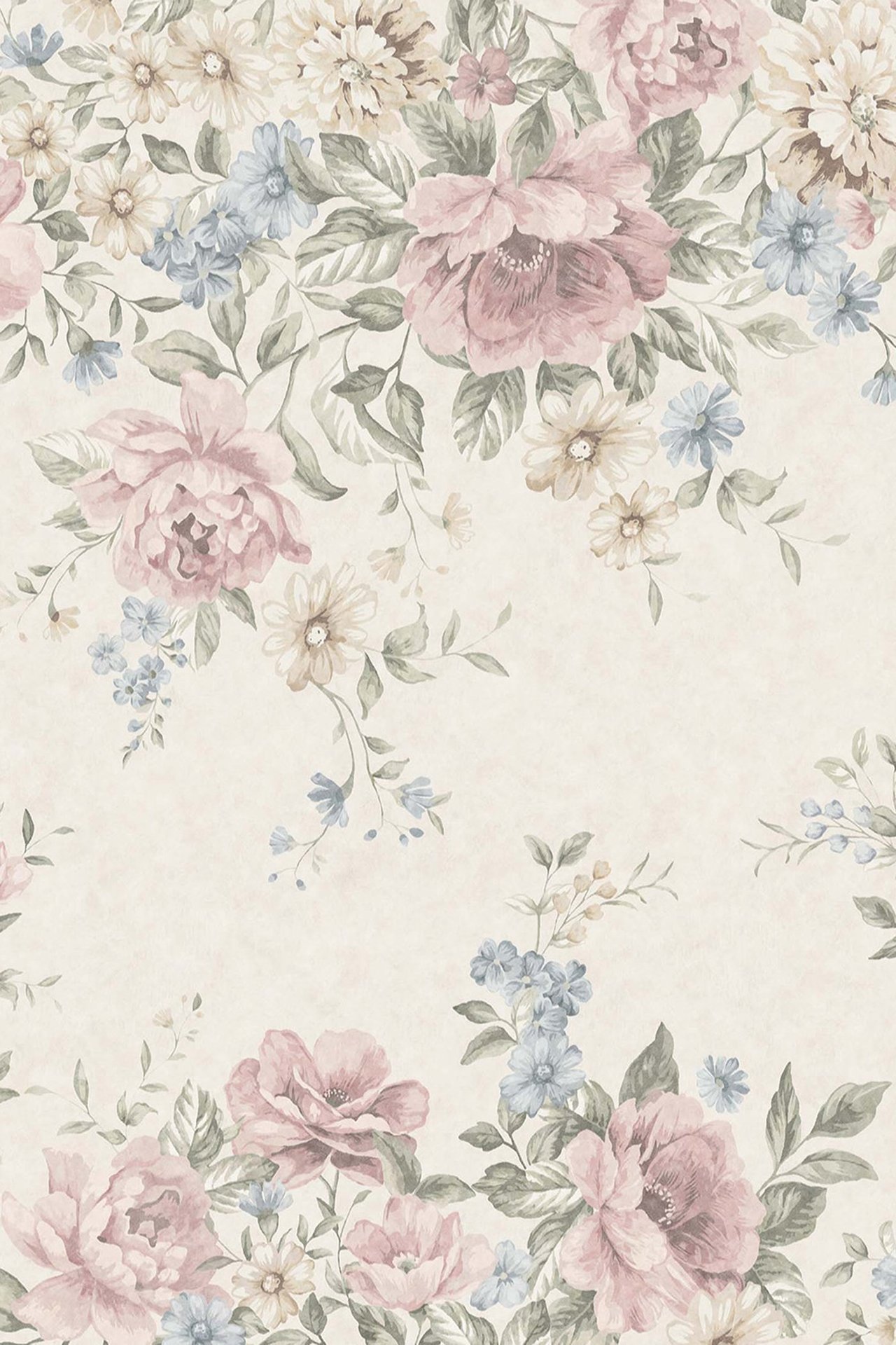 Vollansicht einer beigefarbenen Blumentapete mit rosa, blauen und hellgelben Blütenmuster.