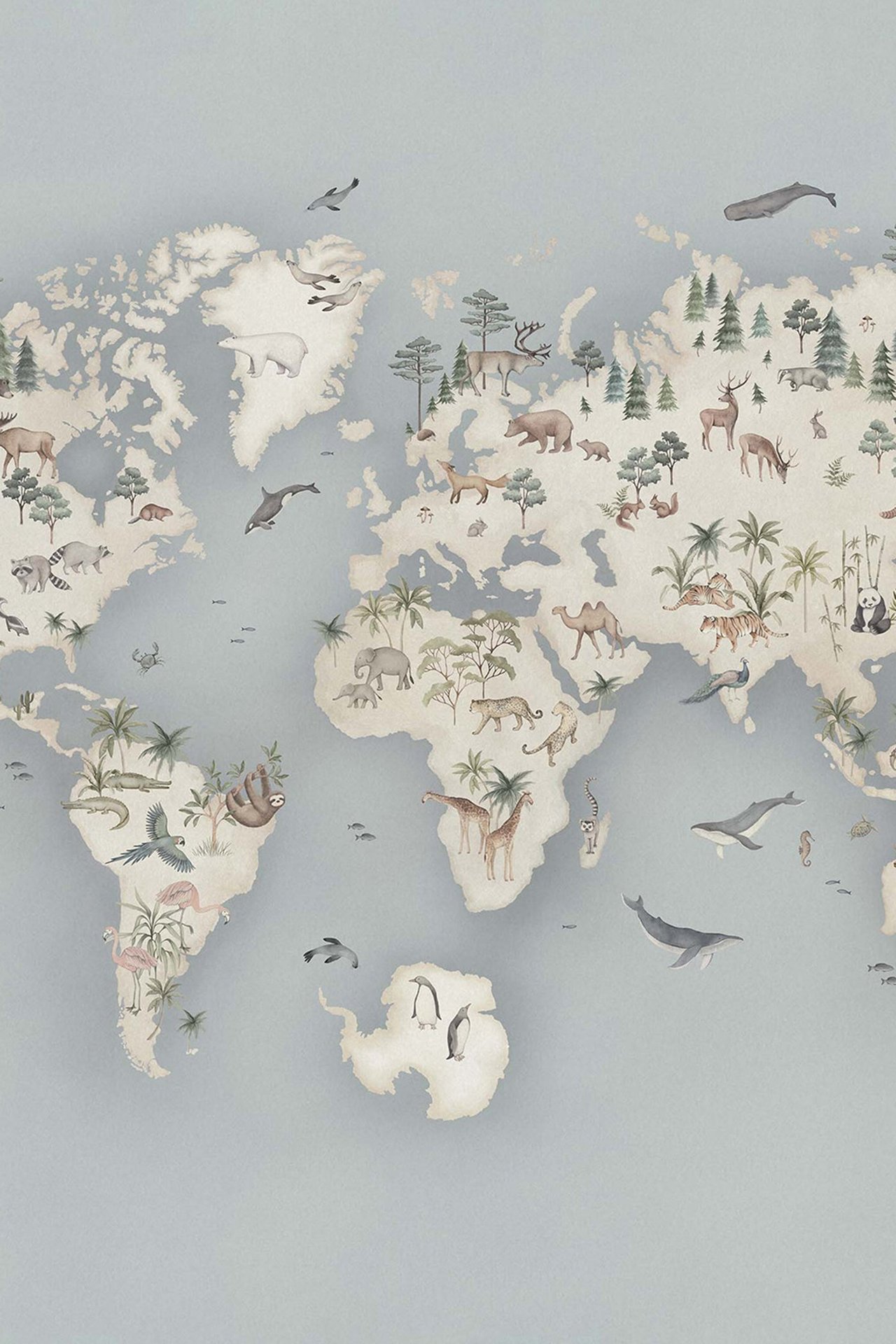 Light blue patterned wallpaper mural with a world map illustration featuring various animals and plants.