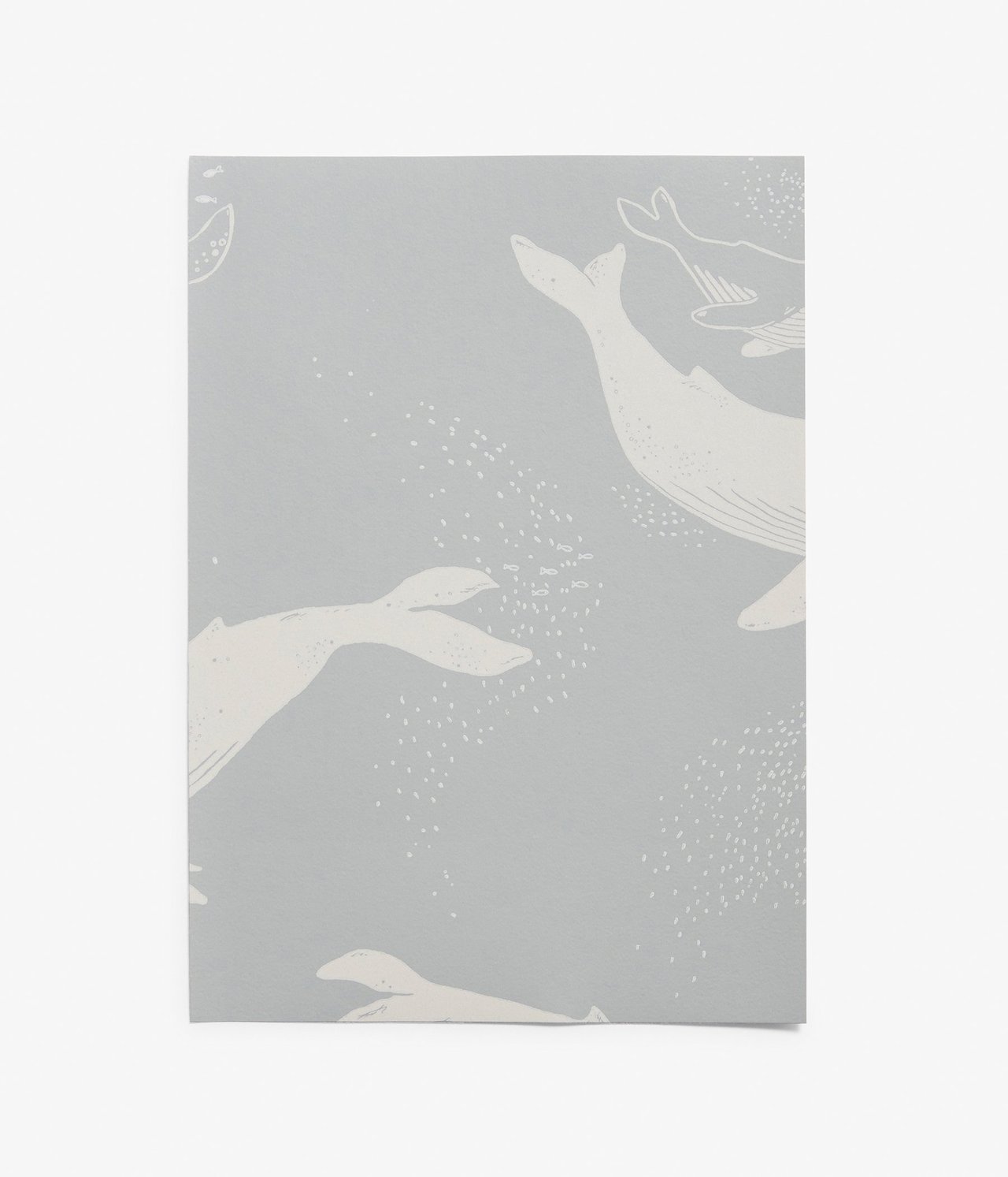 Vorderansicht einer hellblauen Tapetenprobe mit weißem Wal- und Blasenmuster.