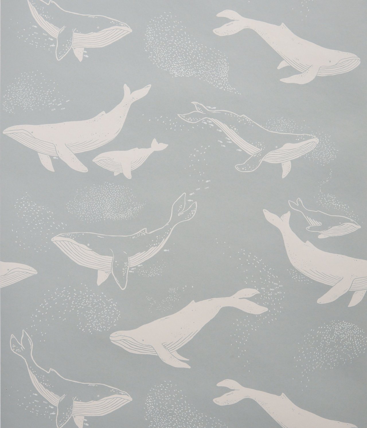 Nahaufnahme einer hellblauen Tapete mit einem Muster aus weißen Walen und kleinen weißen Punkten.
