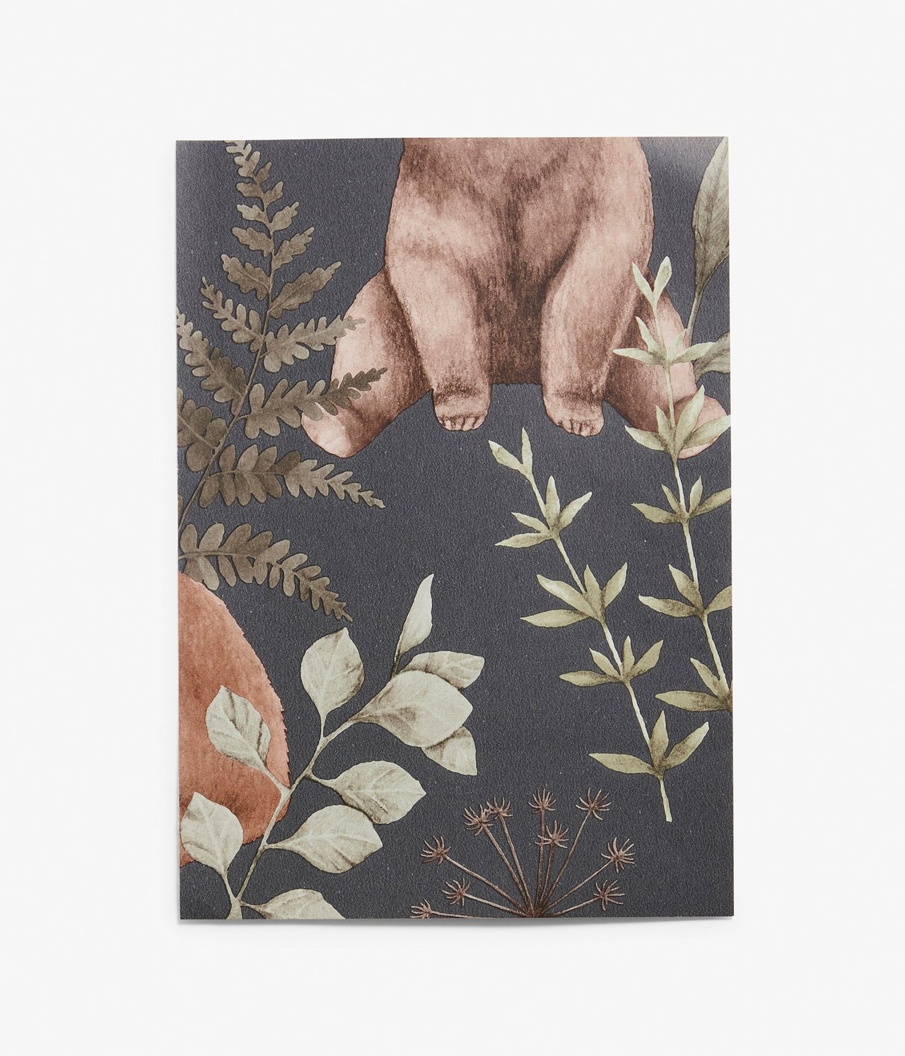 Vorderansicht einer dunkelblauen Tapetenprobe mit Muster eines braunen Bären und grünen Waldpflanzen.