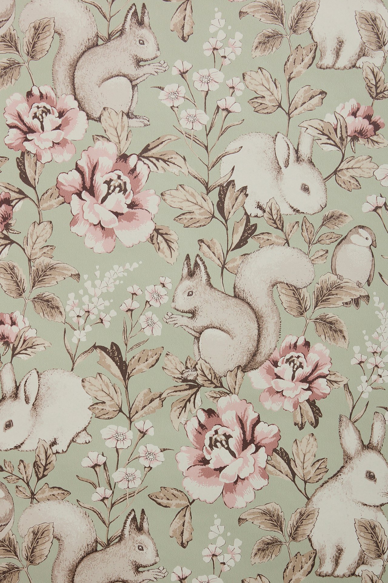 Front view of green patterned non-woven wallpaper with squirrels, rabbits, birds, pink flowers, and brown leaves.