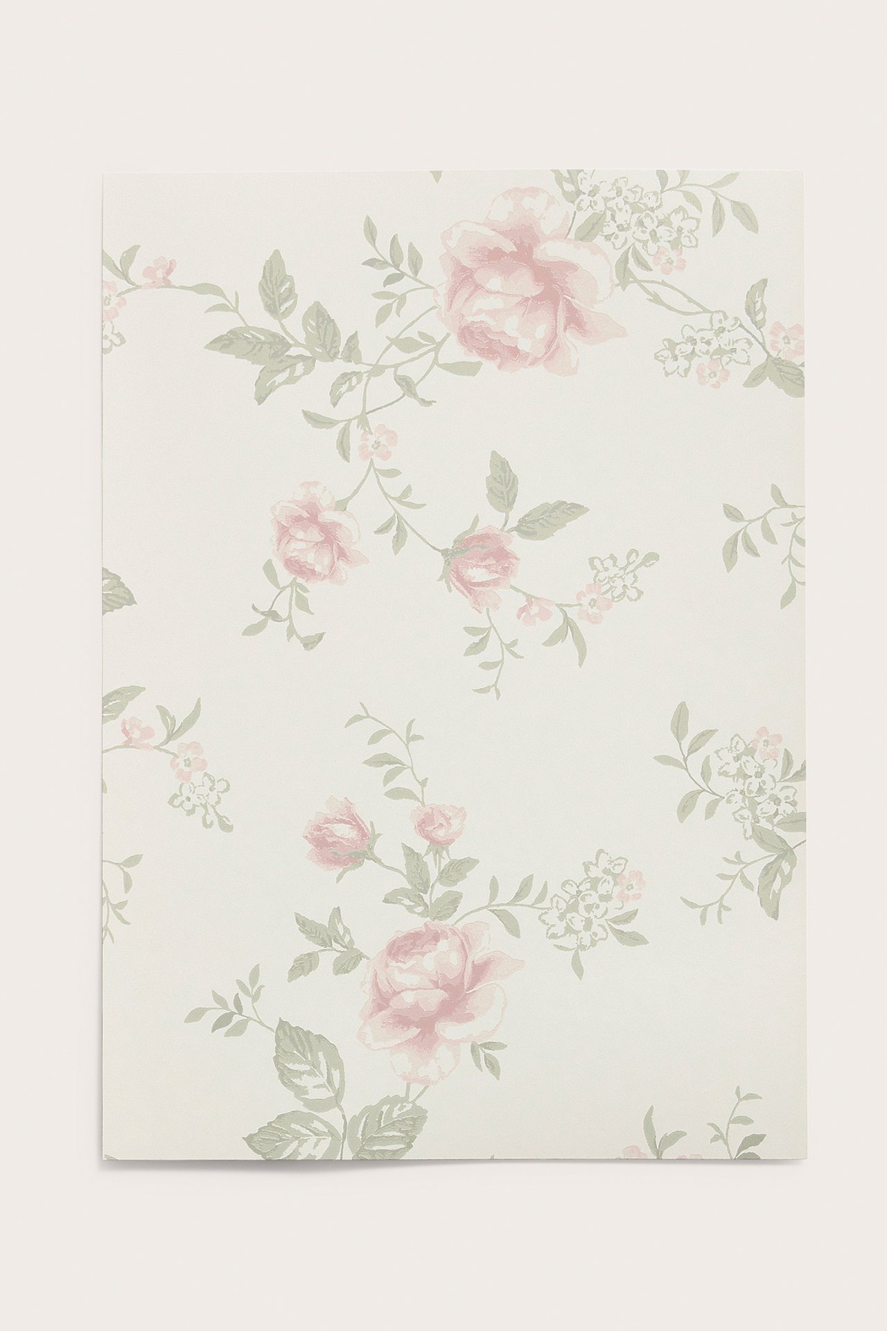 Front view of a white non-woven wallpaper sample with a floral pattern of pink roses and green leaves.