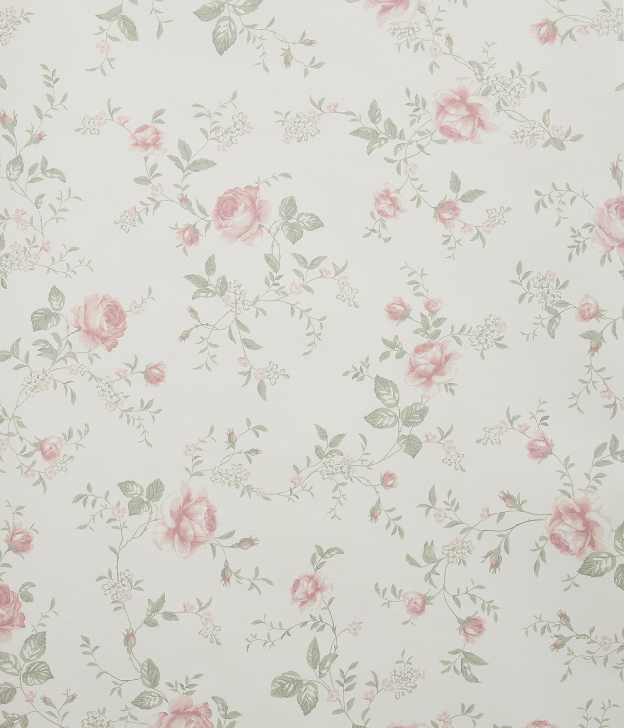 Nahaufnahme einer weißen Blumentapete mit hellrosa Rosen und graugrünen Blättern.