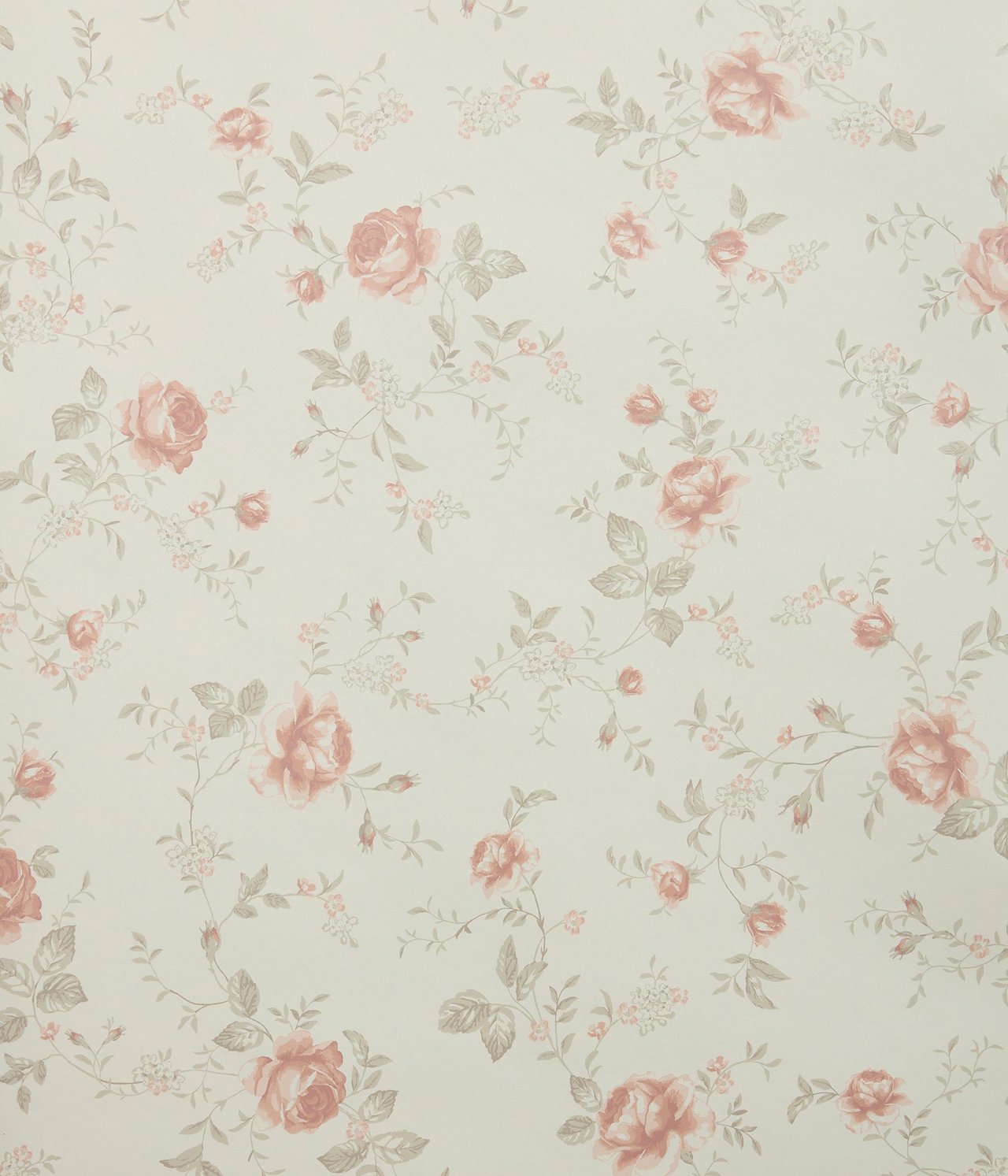 Nahaufnahme einer beigen Blumentapete mit Muster aus rosa Rosen und grünen Blättern.