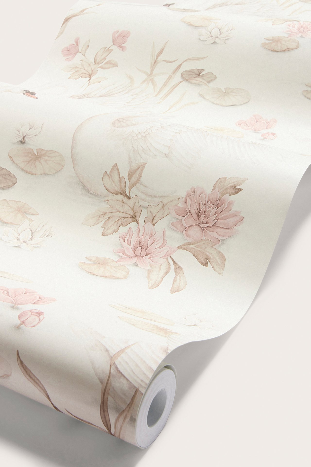 Front view of a beige wallpaper roll with a pattern of white swans and pink water lilies.