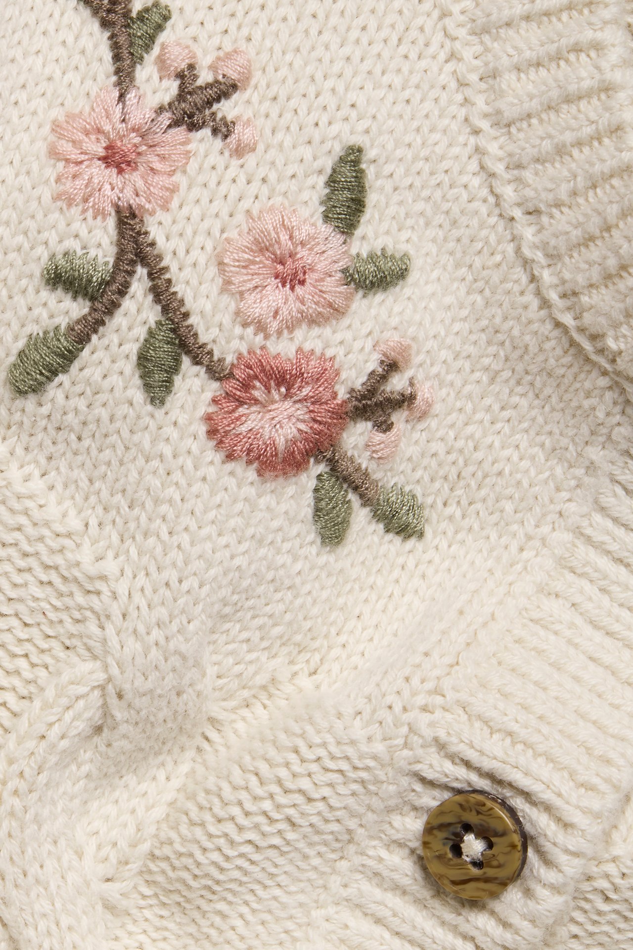 Strickjacke mit Blumenstickerei und Zopfmuster - Hellbeige - 1