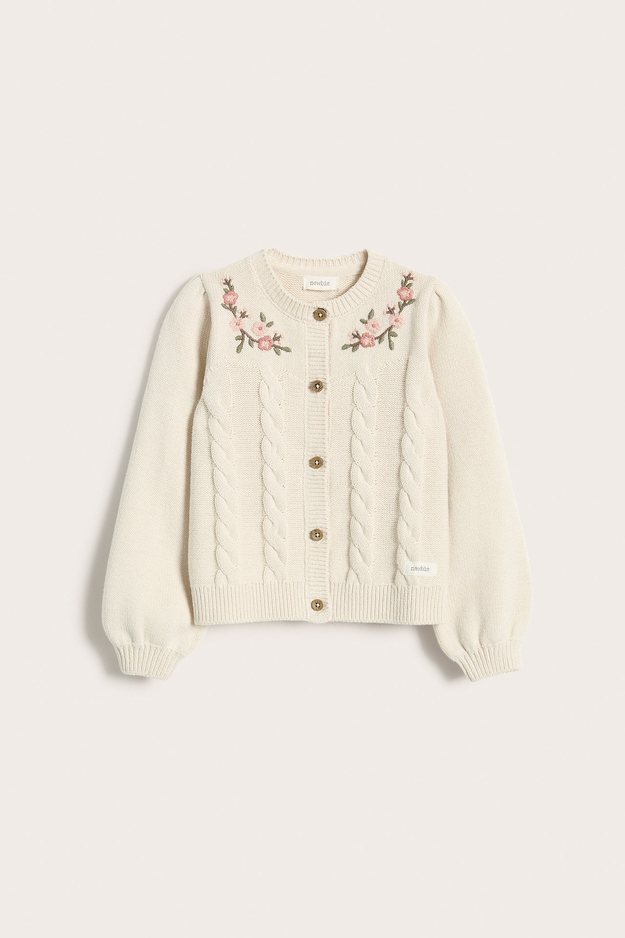 Strickjacke mit Blumenstickerei und Zopfmuster - Hellbeige - 2