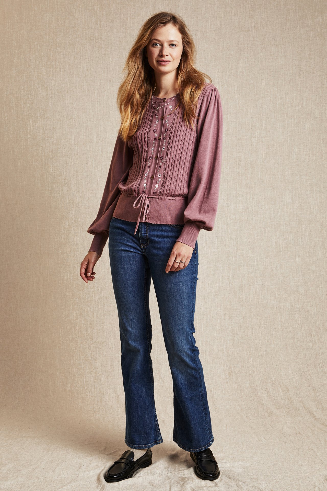 Women's cable-knit embroidery cardigan - Dark pink - 180cm / Storlek: S - 2