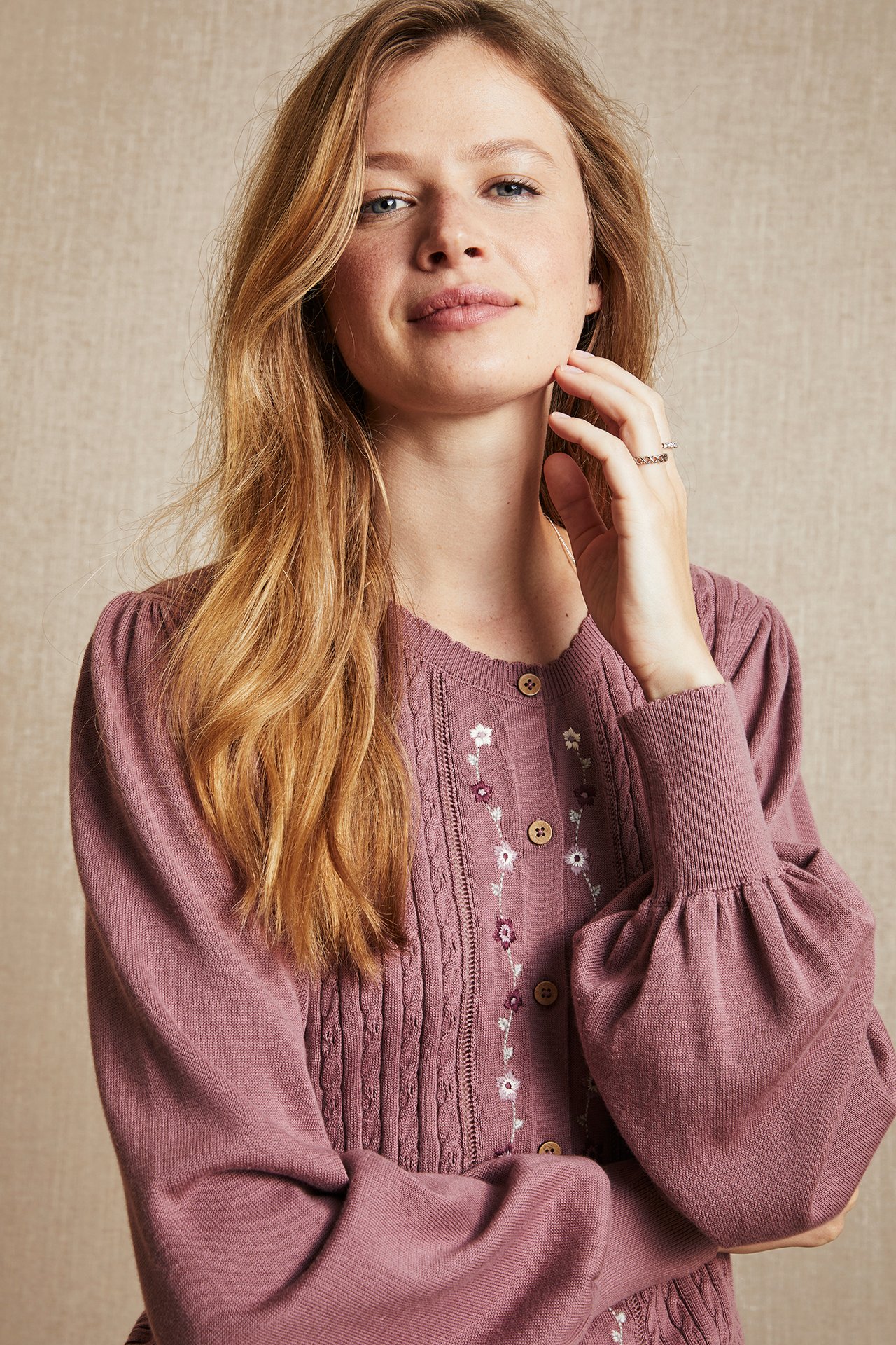 Women's cable-knit embroidery cardigan - Dark pink - 180cm / Storlek: S - 1