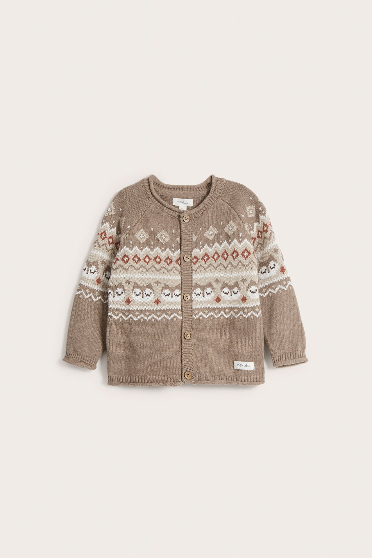 Jacquard knitted owl cardigan - Brown mélange - 2