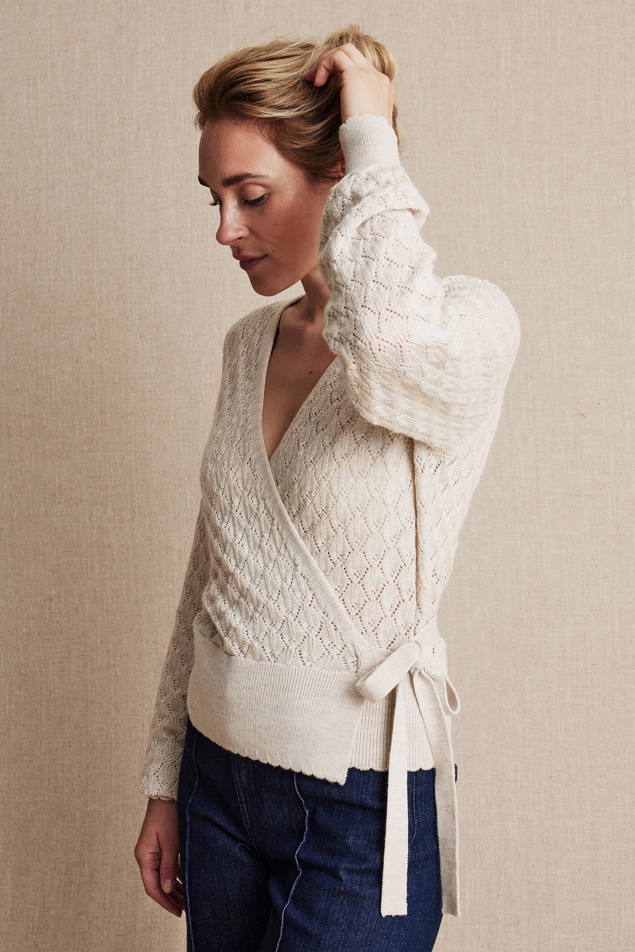 Women's wool wrap cardigan - Beige mélange - 170cm / Storlek: S - 4