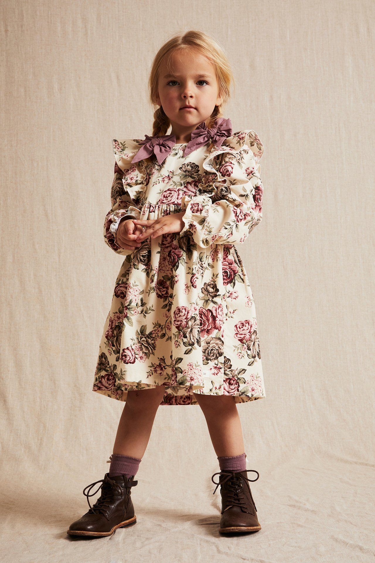 Rose patterned corduroy dress - Light beige - 2