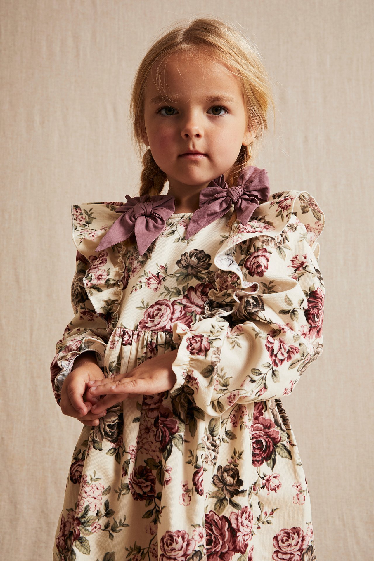 Rose patterned corduroy dress - Light beige - 3