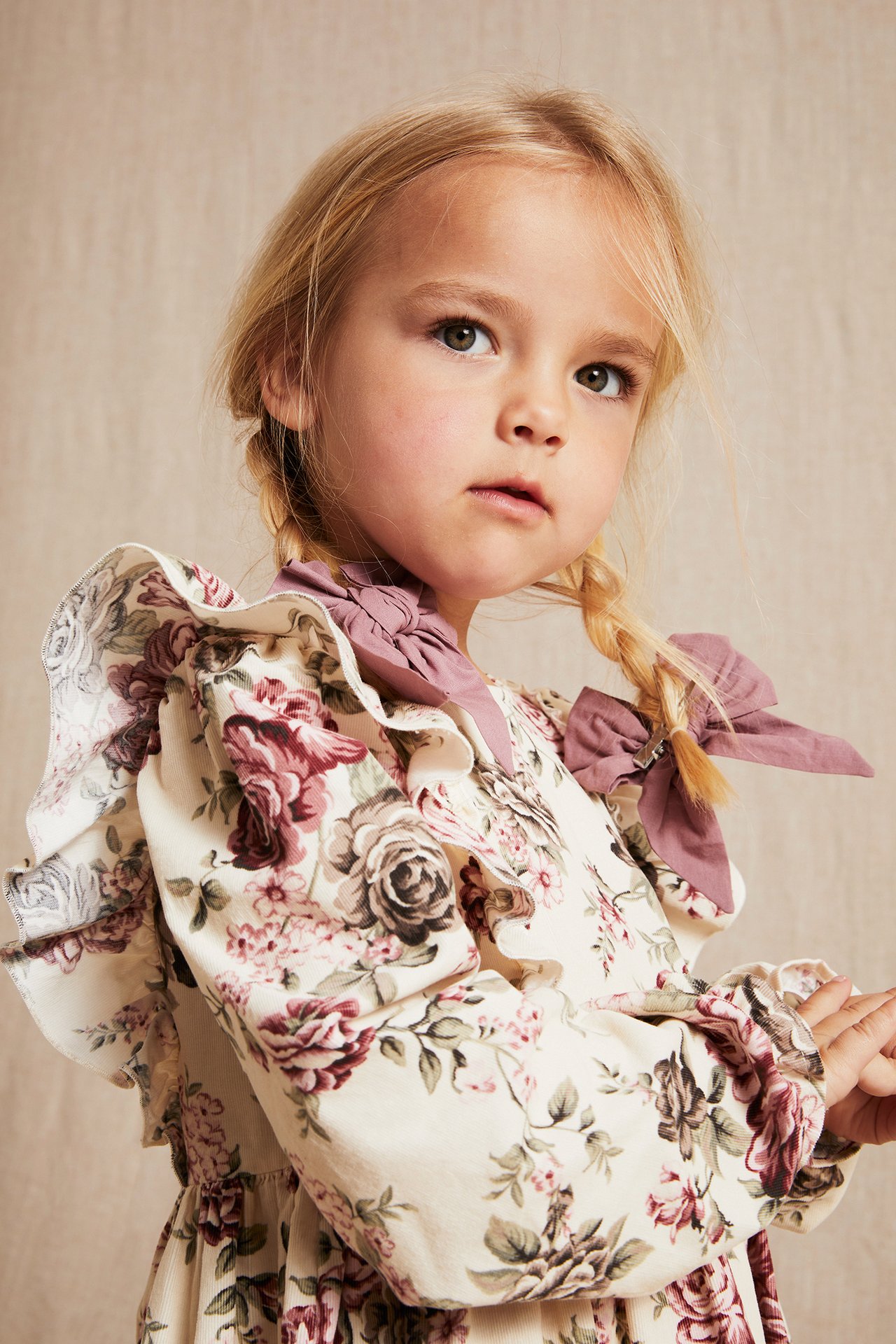 Rose patterned corduroy dress - Light beige - 1