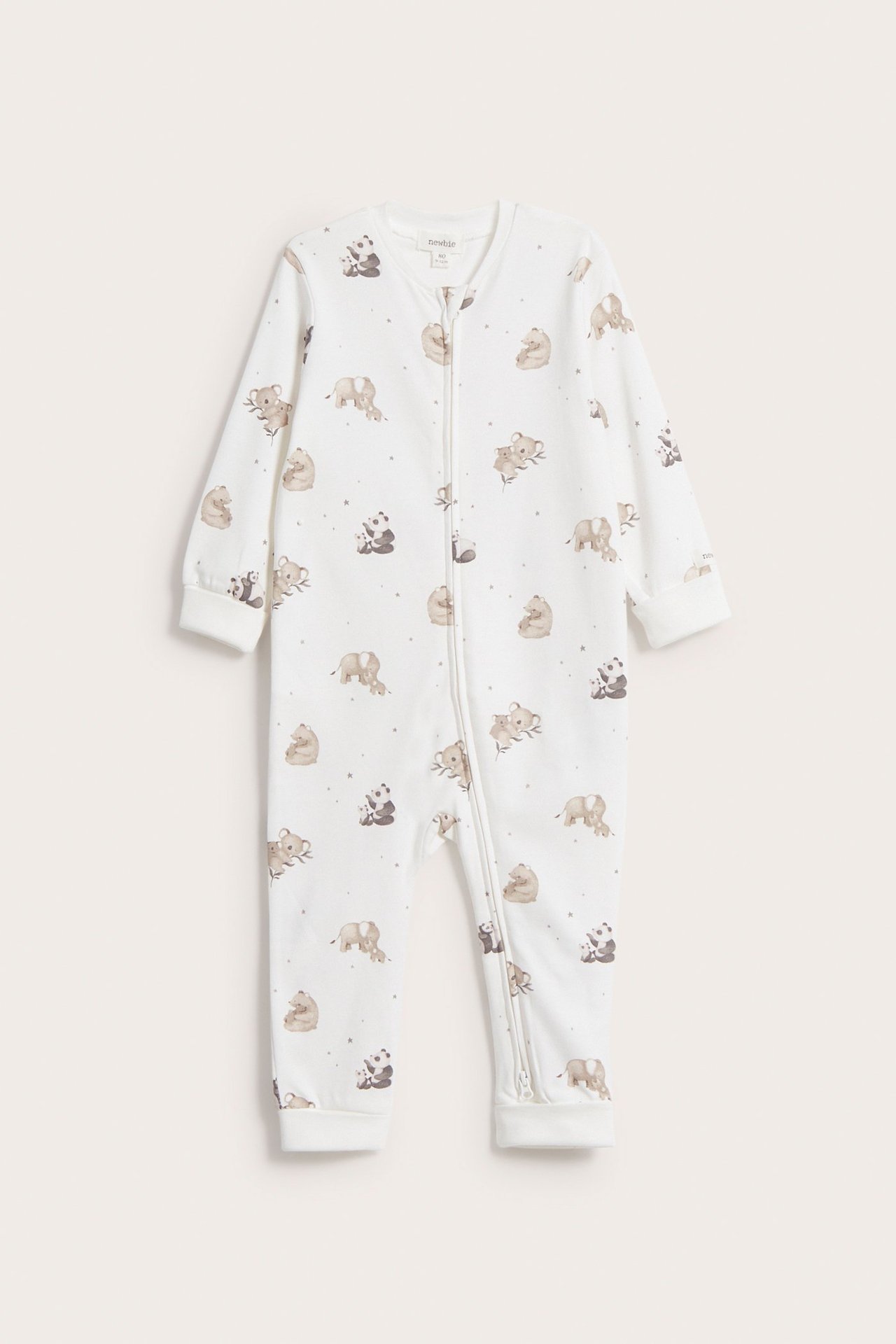 Front view: Off-white cotton baby sleepsuit with brown animal pattern and two-way front zipper.