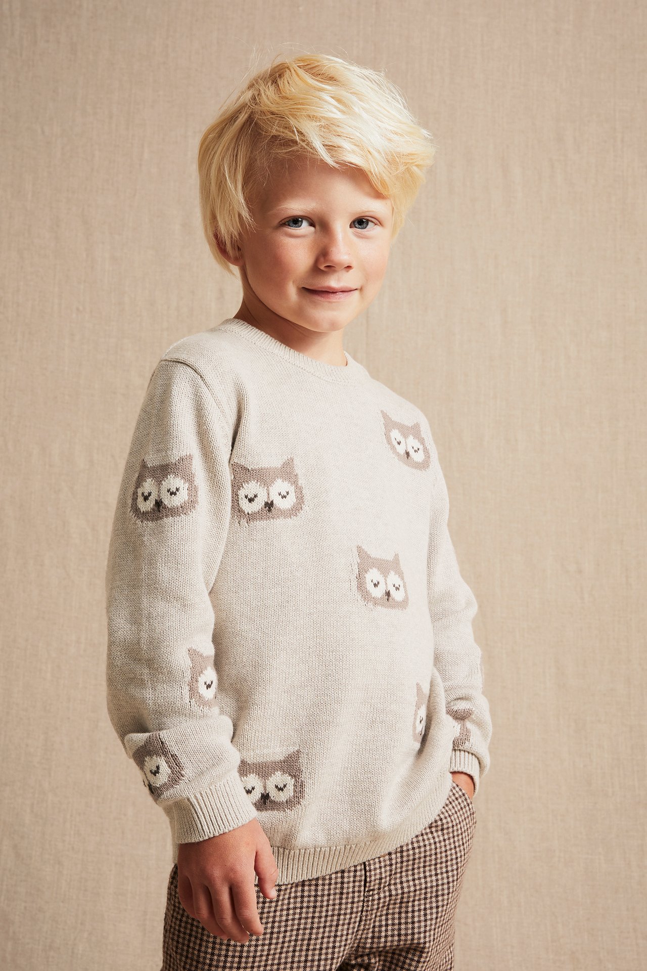 Jacquard-knit owl sweater - Beige mélange - 1