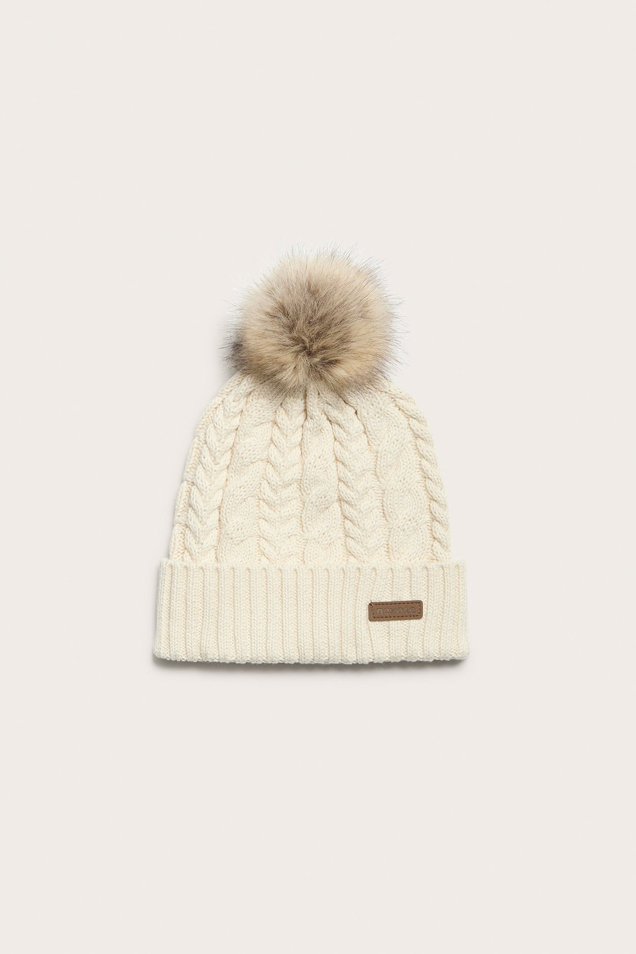 Cable-knit faux fur pom pom hat - Light beige - 1