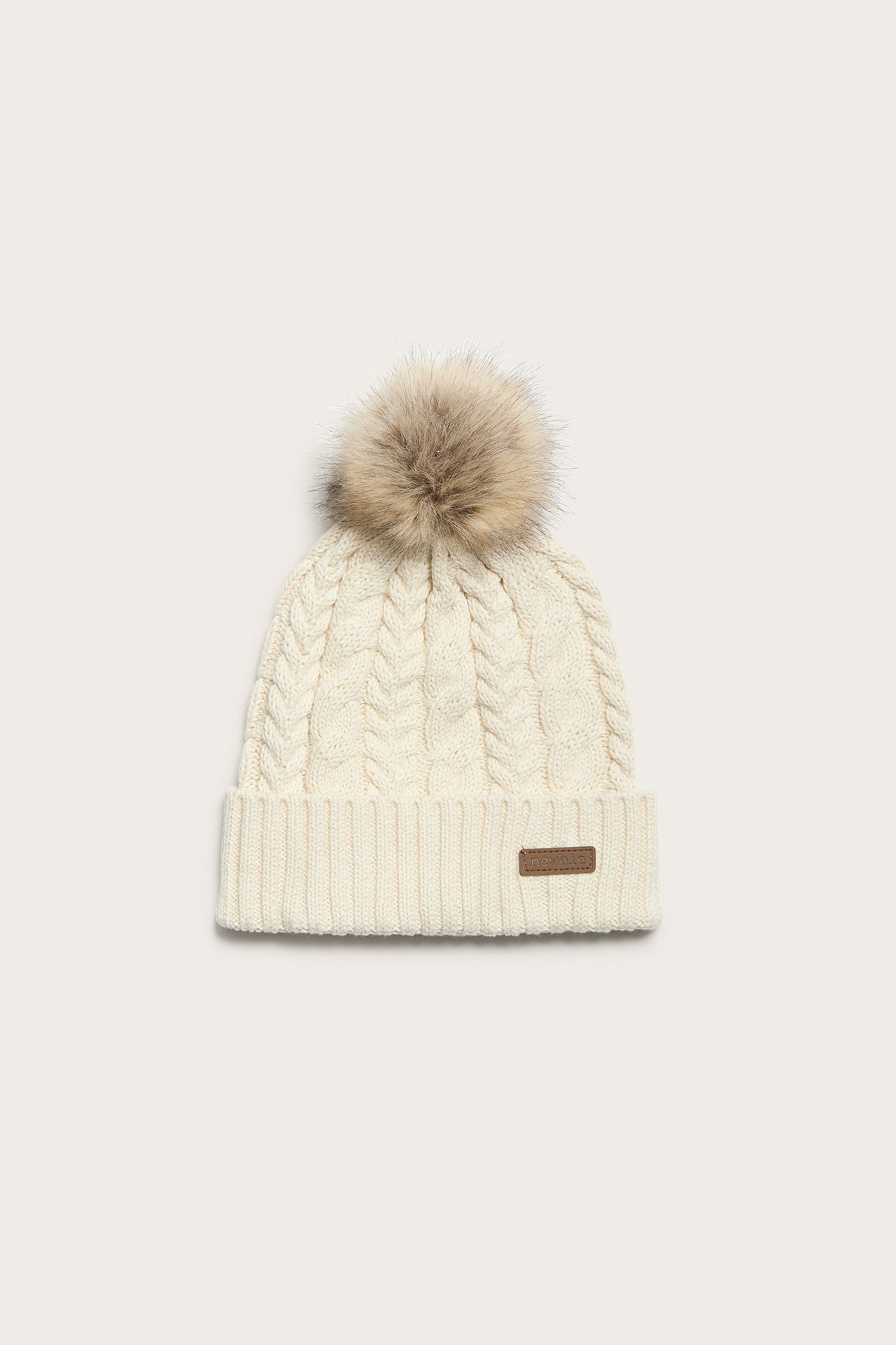 Cable-knit faux fur pom pom hat - Light beige - 1