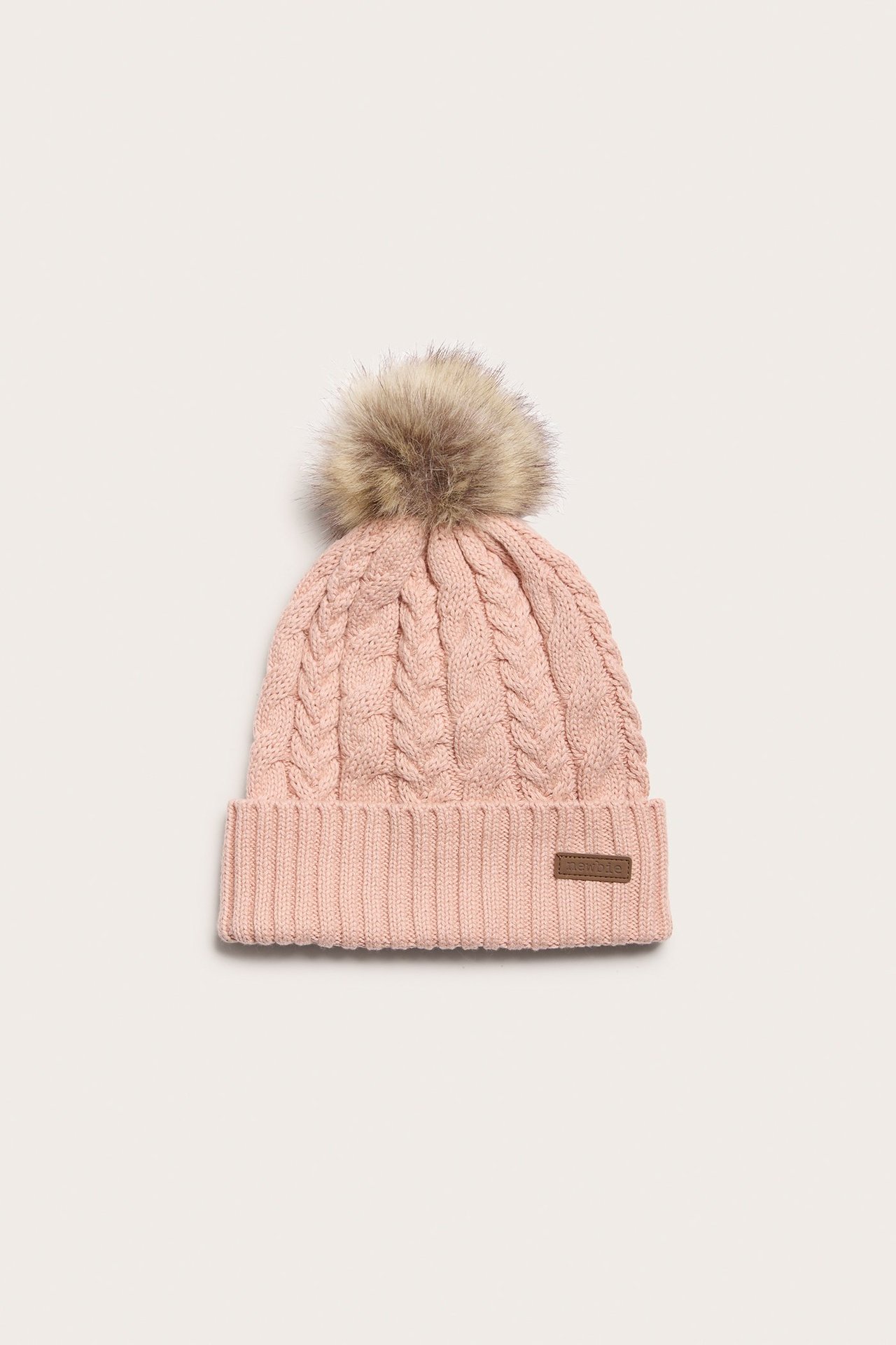 Cable-knit faux fur pom pom hat