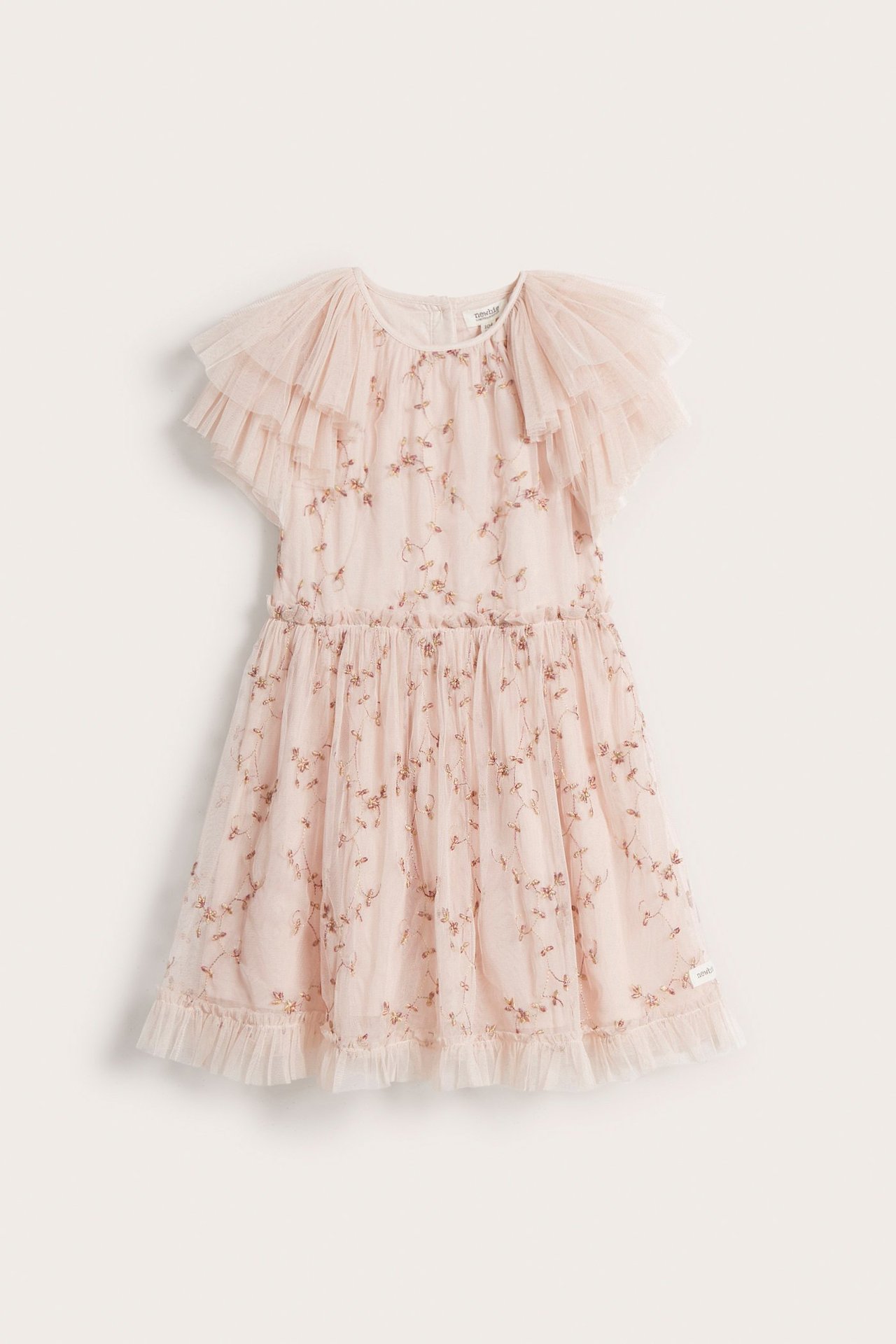 Vorderansicht eines hellrosa Kinder-Meshkleides mit Blumenstickerei, Rüschenärmeln und gestuftem Rock.