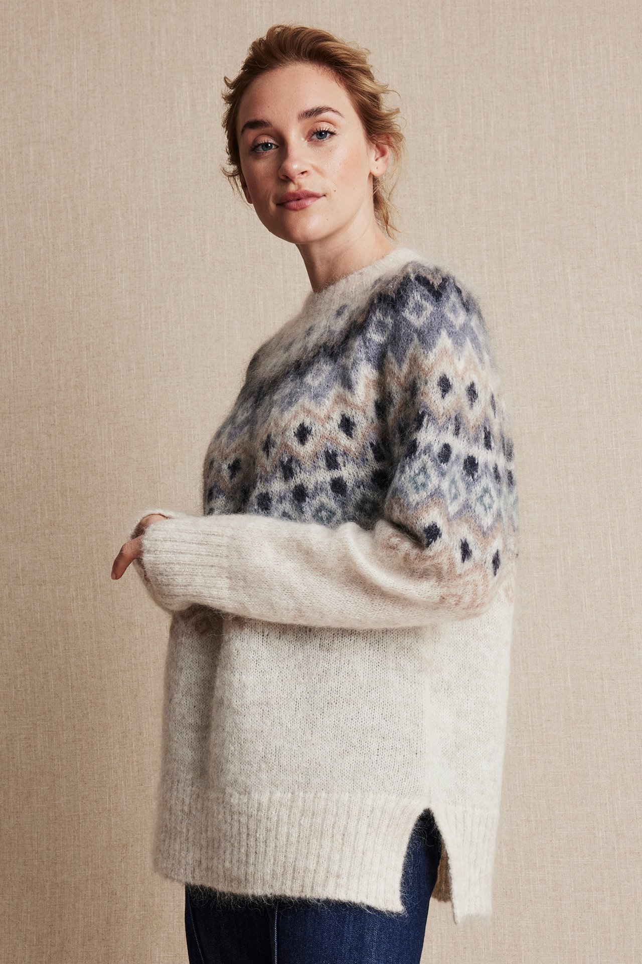 Women's jacquard knitted sweater - Beige mélange - 170cm / Storlek: S - 2